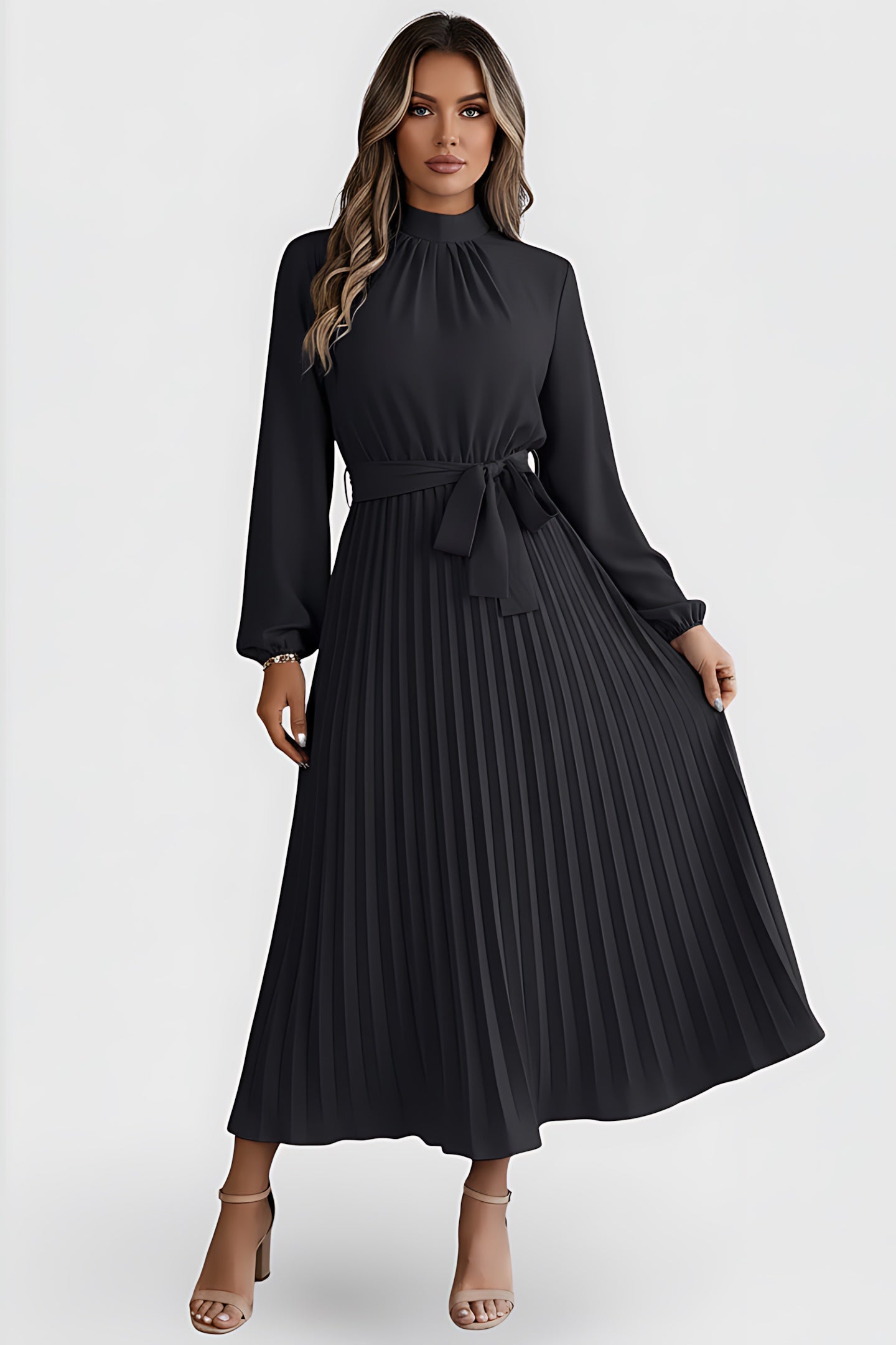 Diana – Mock Neck Long Sleeve Pleated Midi Dress