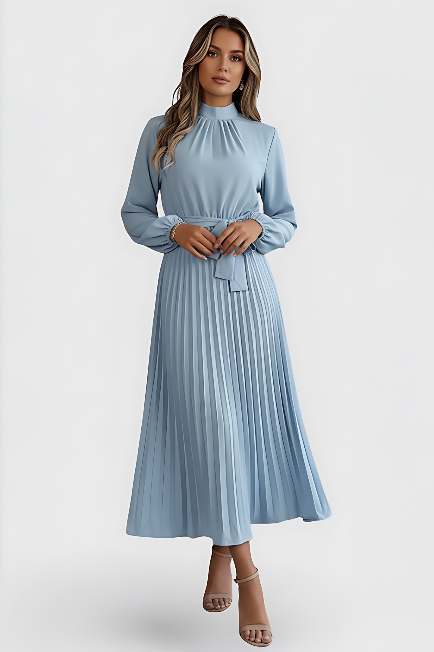 Diana – Mock Neck Long Sleeve Pleated Midi Dress