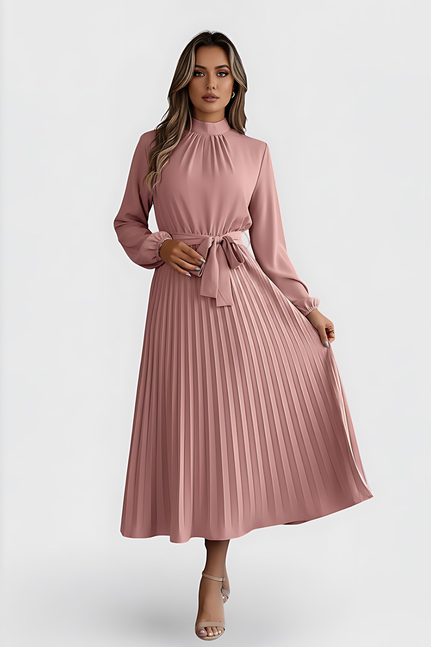 Diana – Mock Neck Long Sleeve Pleated Midi Dress