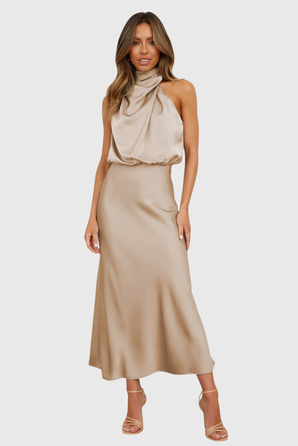 Abigail – Satin Halter Neck Cocktail Midi Dress