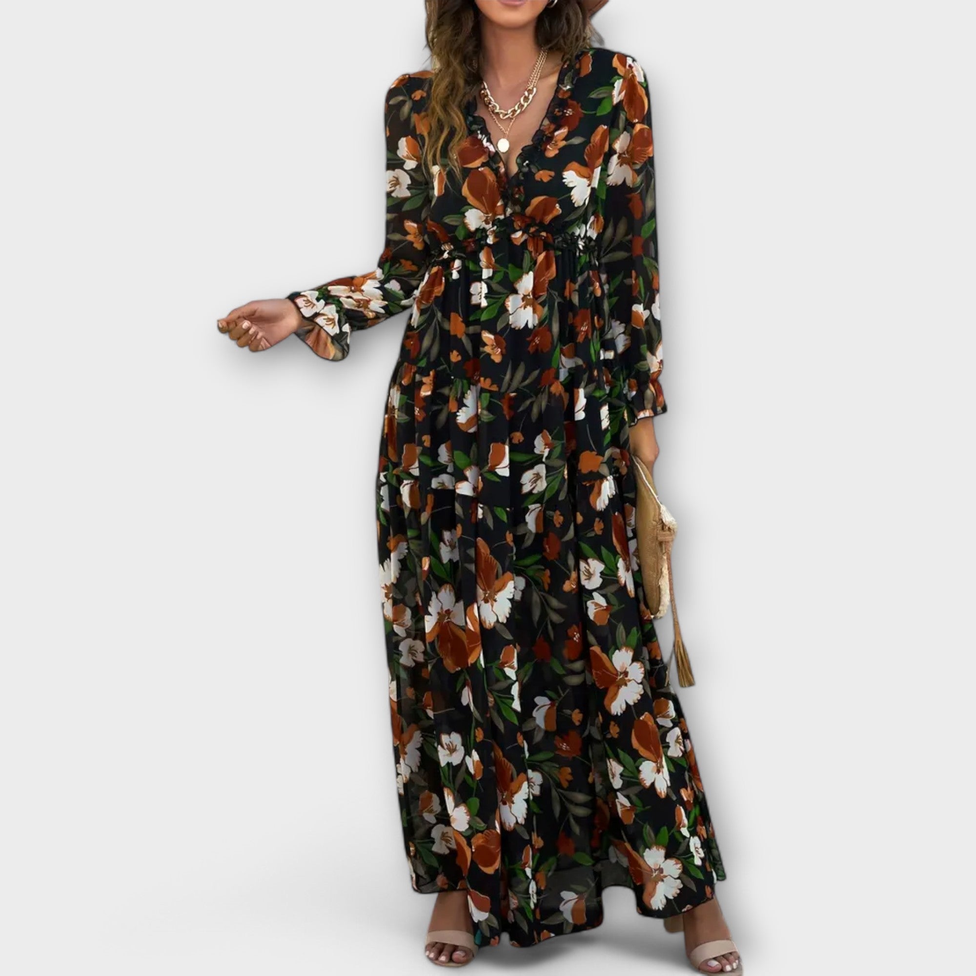 Kennedy – Floral V Neck Long Sleeve Tiered Maxi Dress