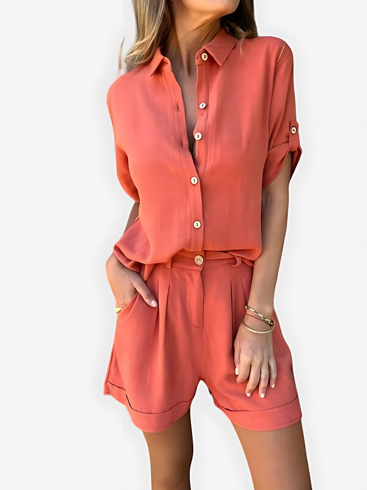Edith – Button Up Shirt And High Waist Shorts Set