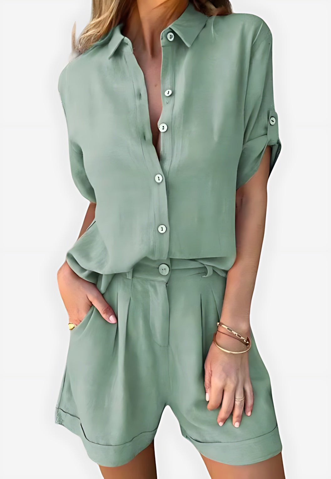 Edith – Button Up Shirt And High Waist Shorts Set