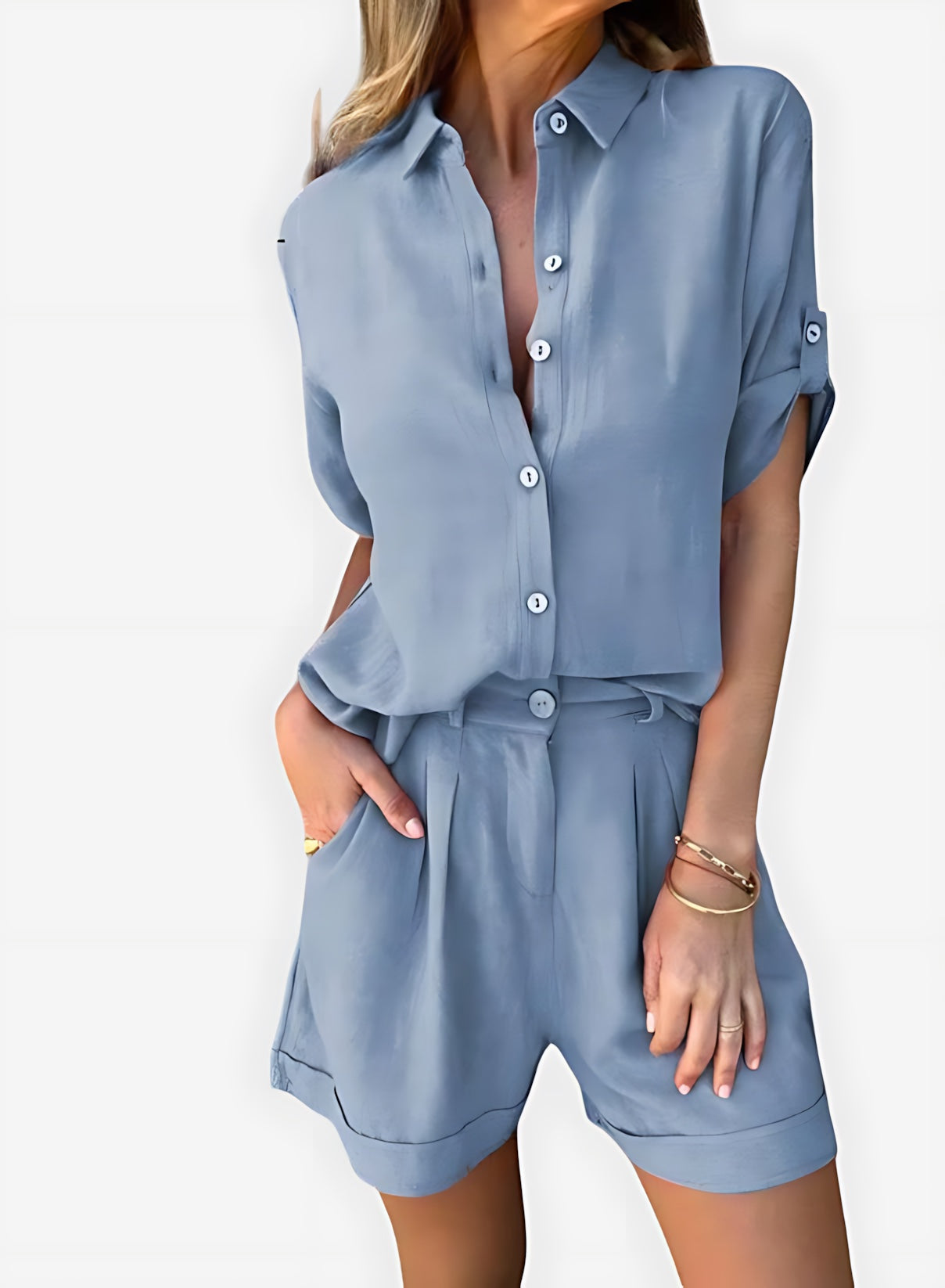 Edith – Button Up Shirt And High Waist Shorts Set