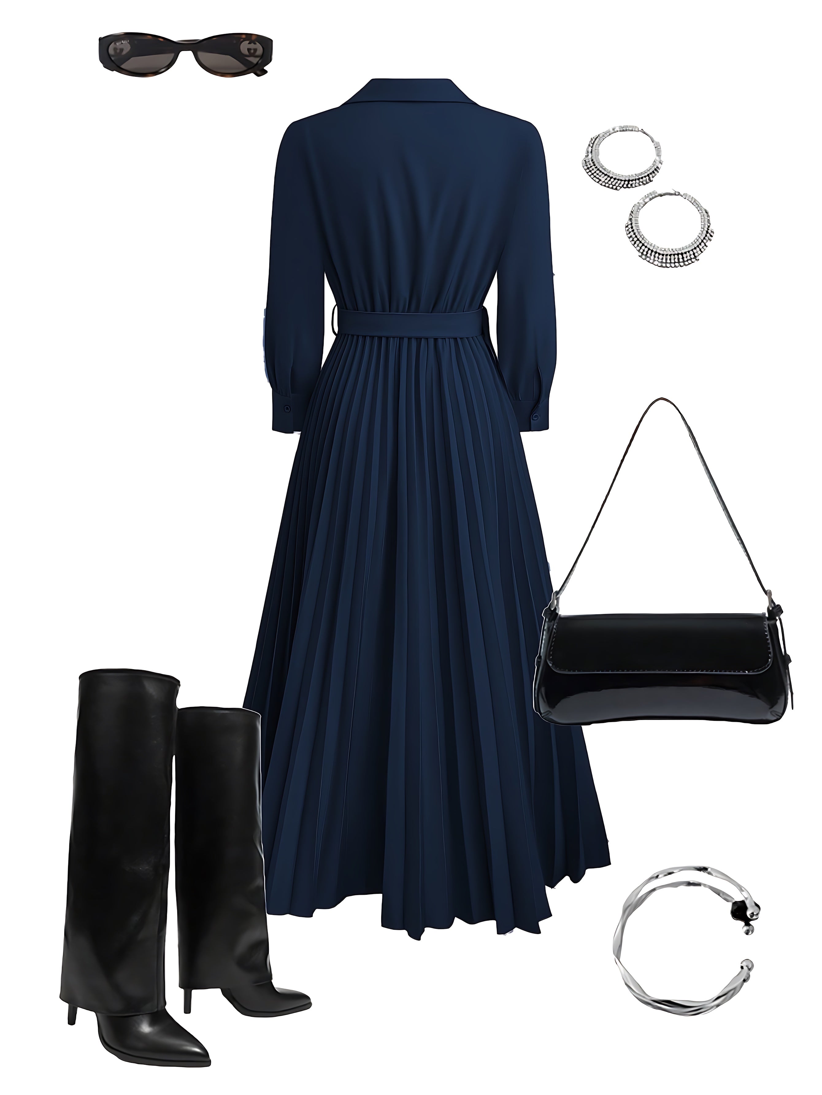 Edith – Pleated Long Sleeve Maxi Shirt Dress