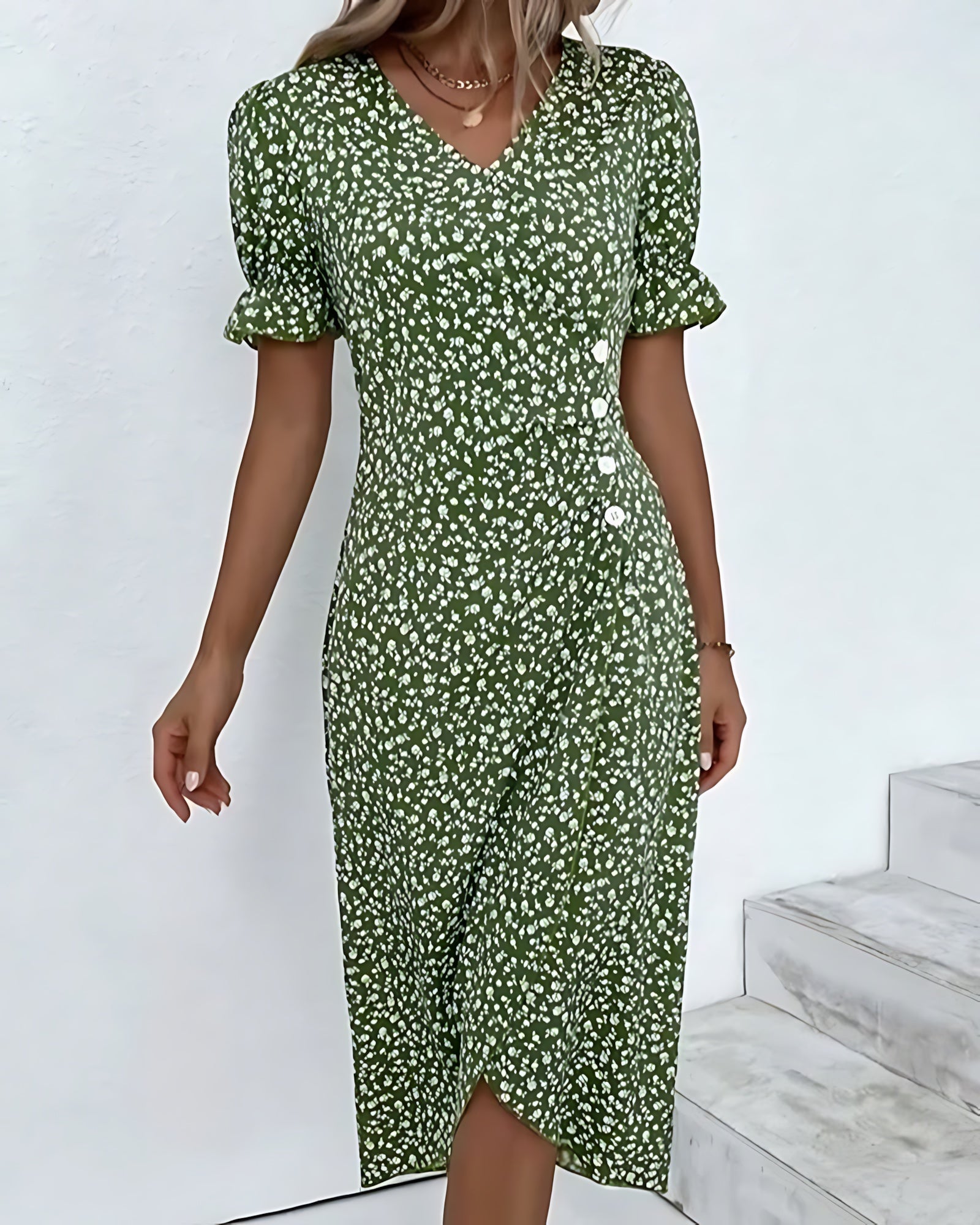 Eleanor – Ditsy Floral Wrap V Neck Midi Dress