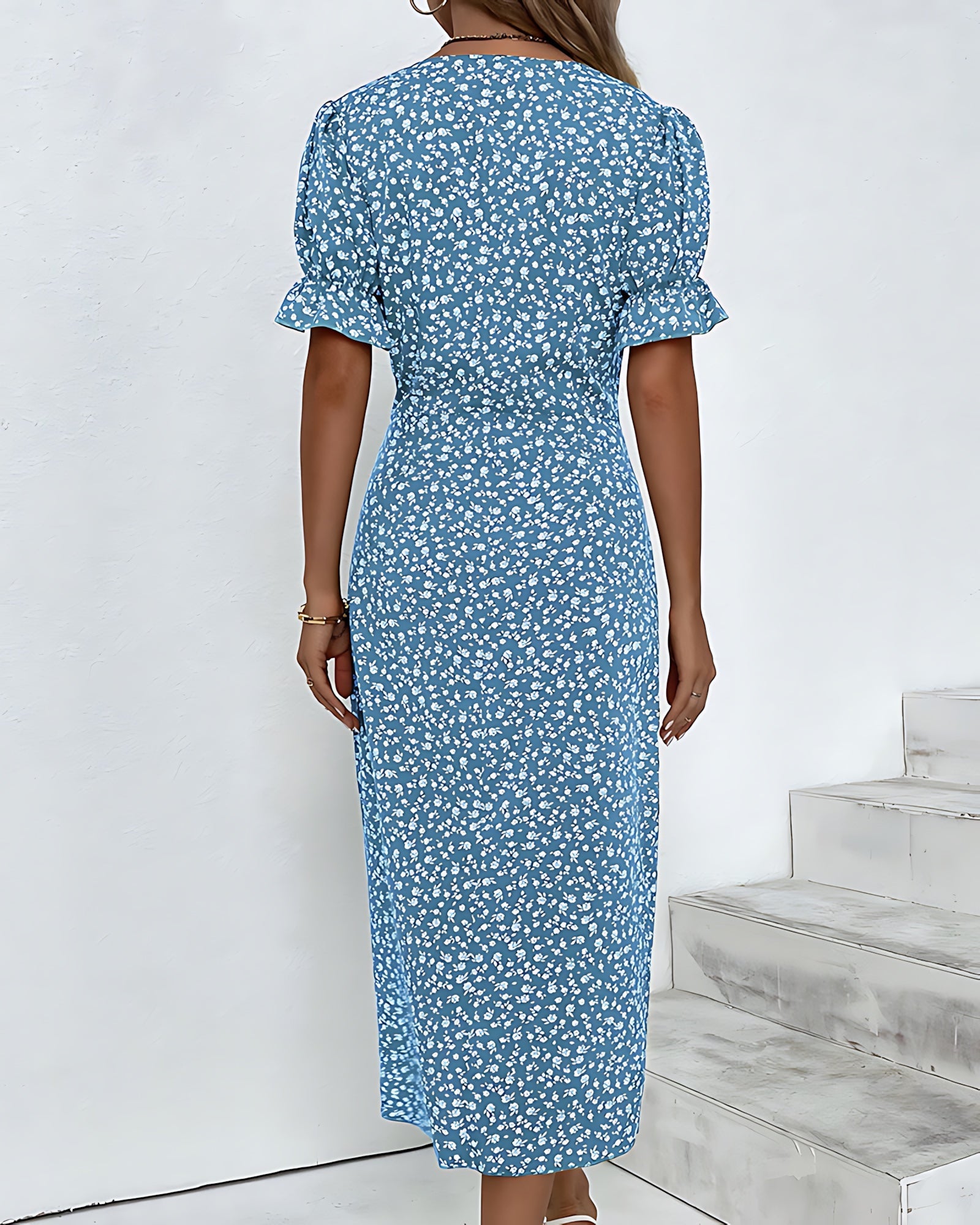 Eleanor – Ditsy Floral Wrap V Neck Midi Dress