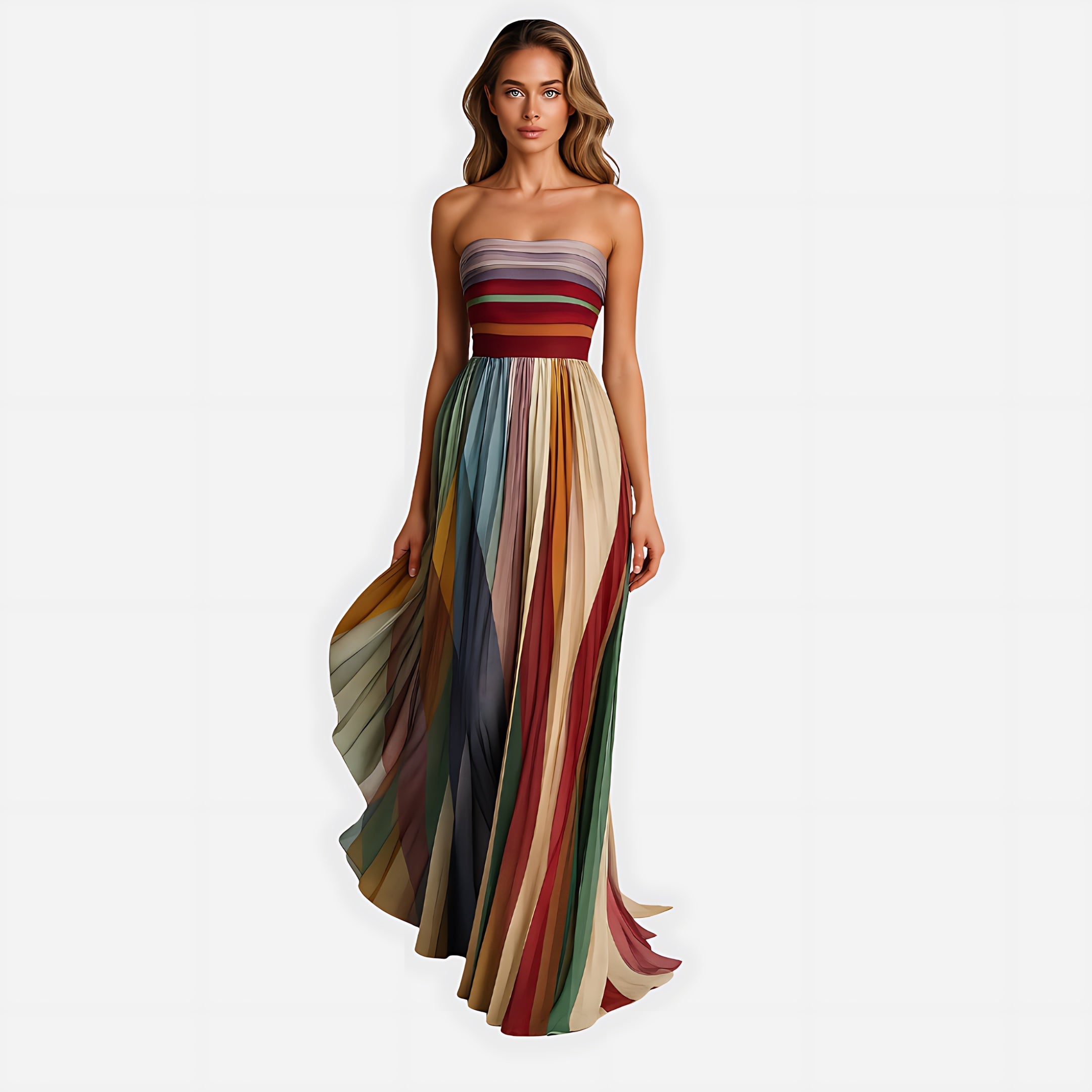 Eleanor – Striped Pleated Strapless Maxi Dress