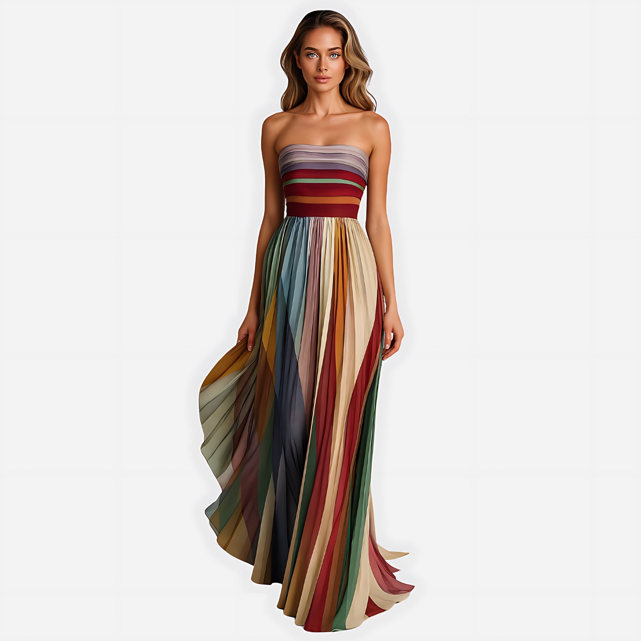 Eleanor – Striped Pleated Strapless Maxi Dress