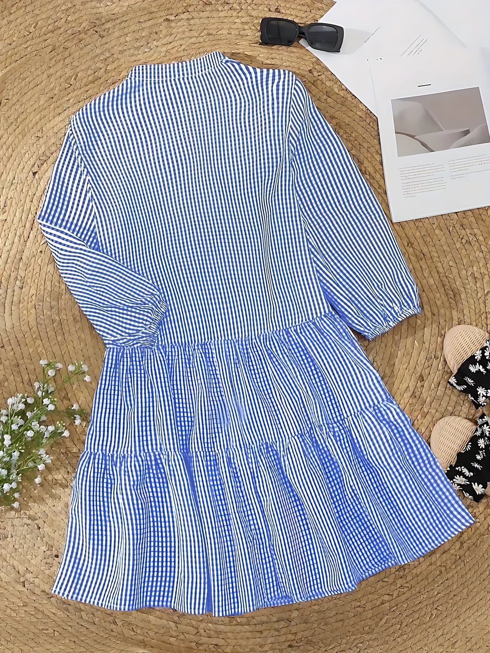 Elise – Striped Tiered 3/4 Sleeve Mini Shirt Dress