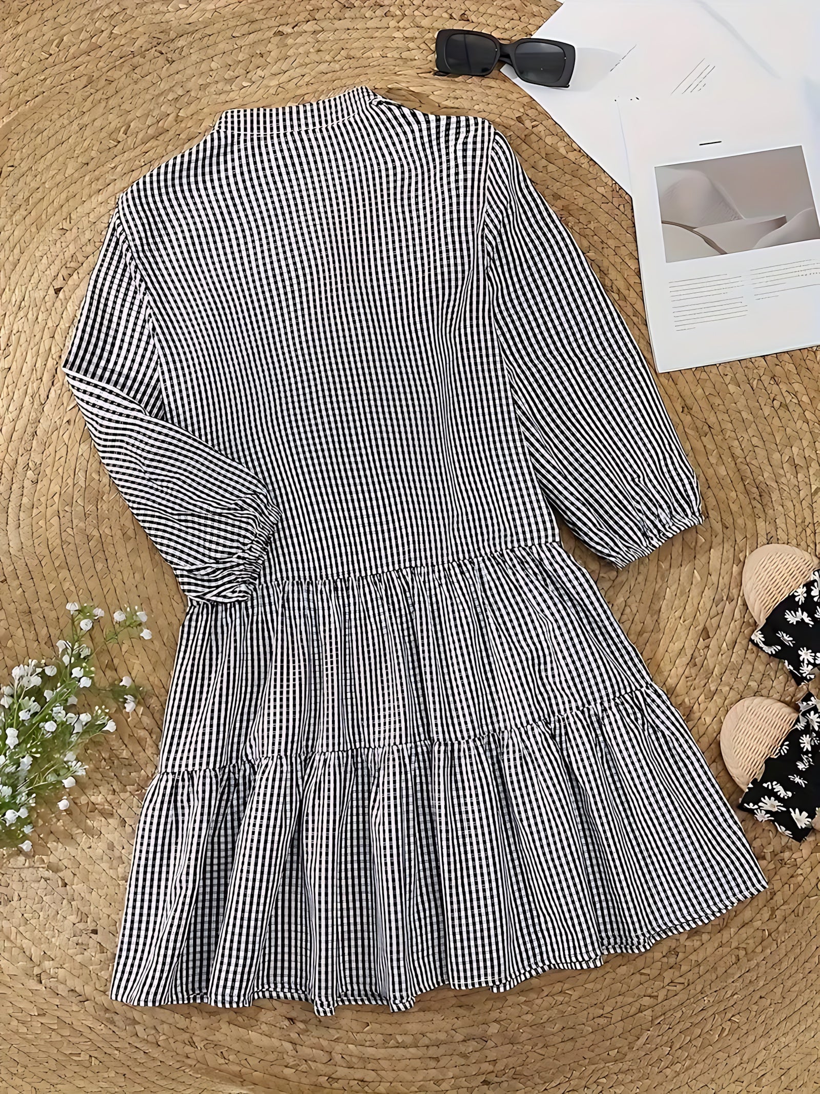 Elise – Striped Tiered 3/4 Sleeve Mini Shirt Dress