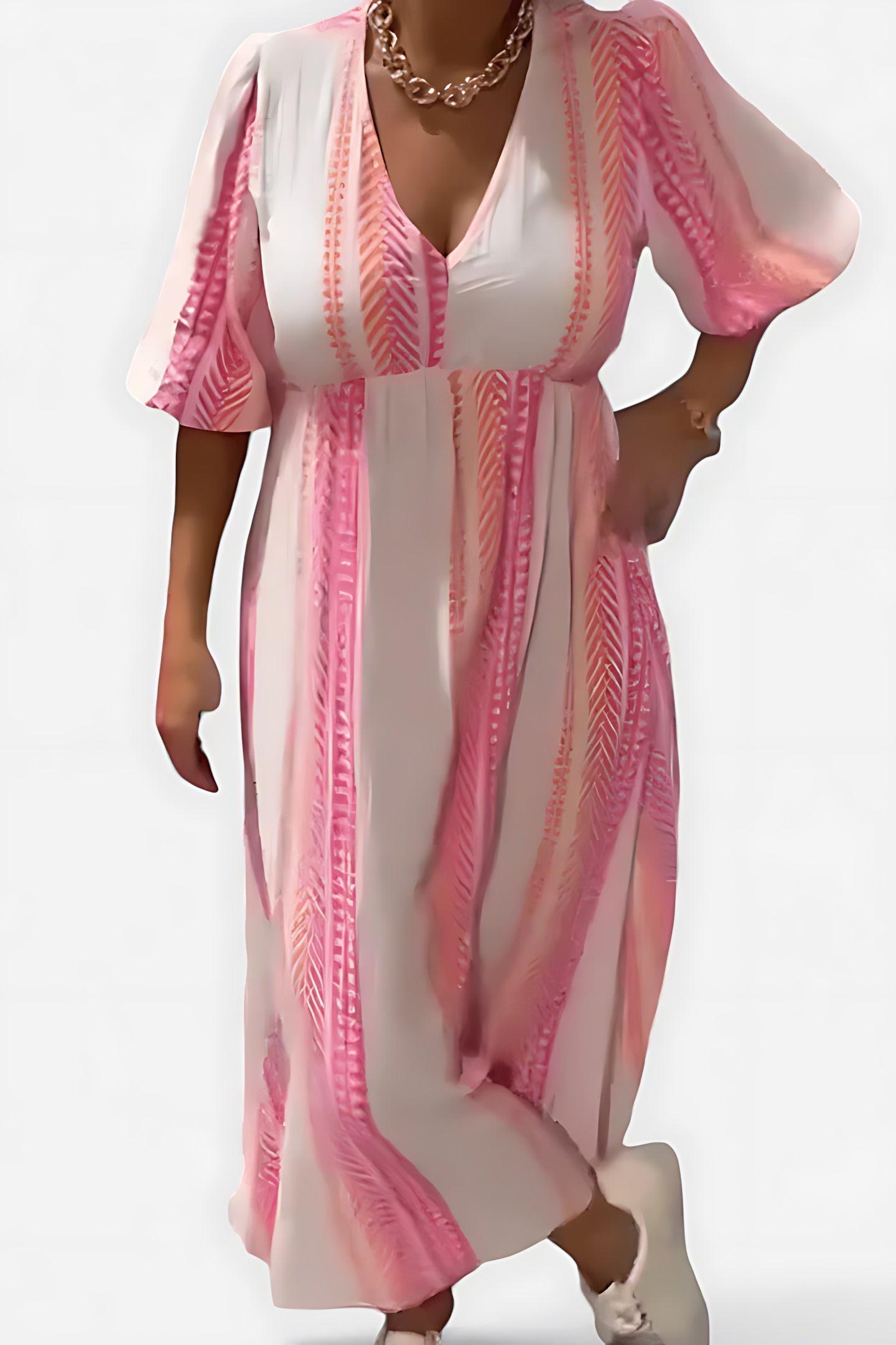 Elise – Striped V Neck Puff Sleeve Maxi Dress
