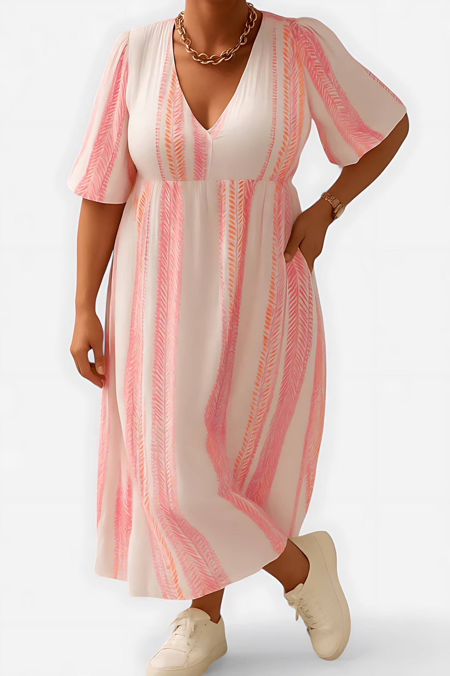 Elise – Striped V Neck Puff Sleeve Maxi Dress