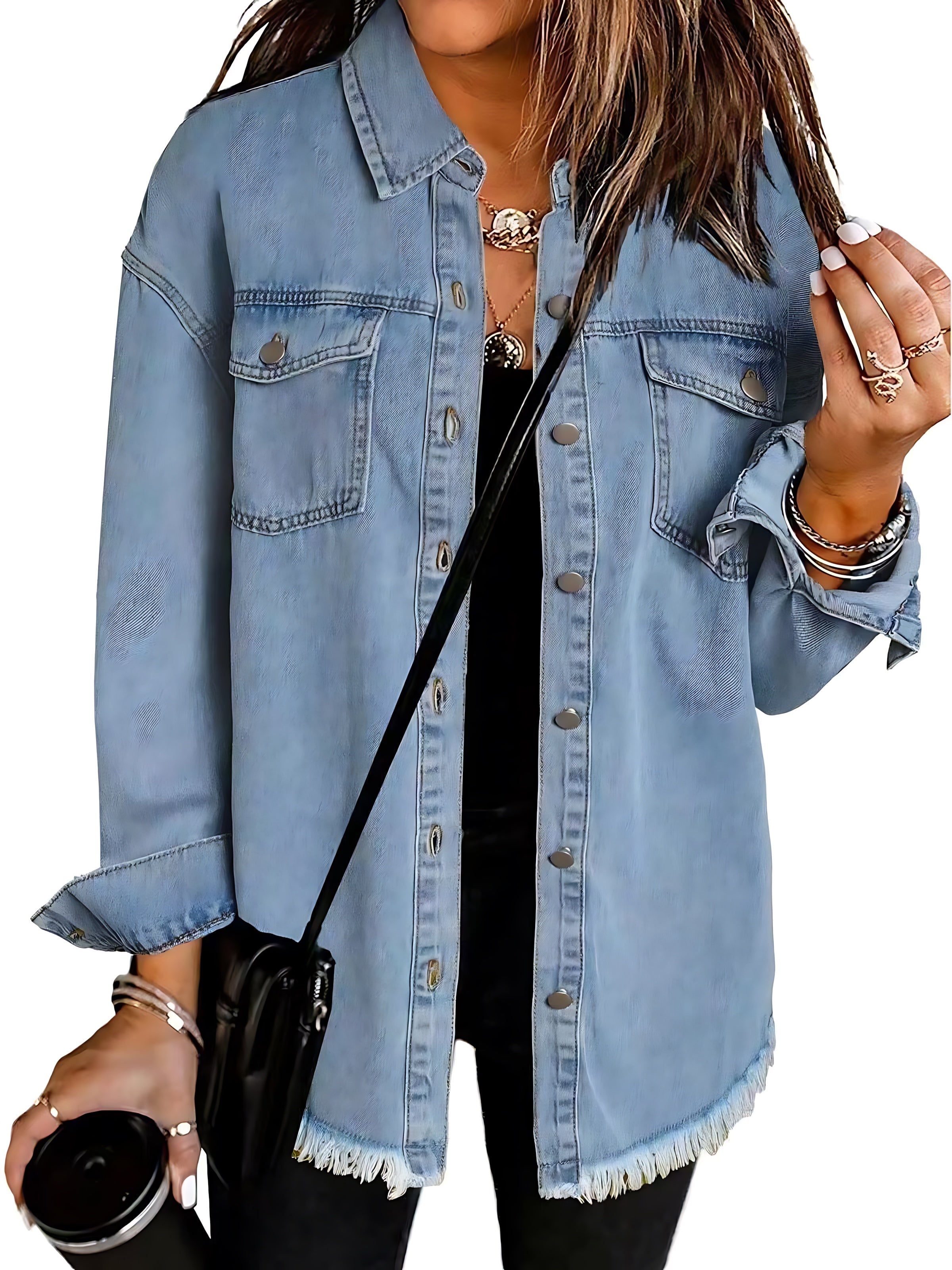Eliza – Distressed Button Up Denim Jacket
