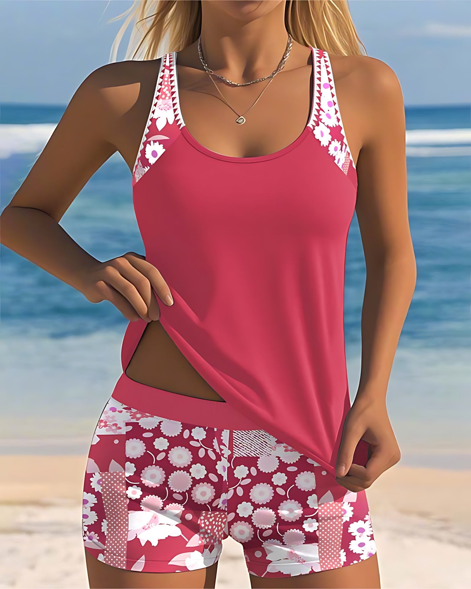 Eliza – Scoop Neck Tankini and Floral Swim Shorts Set