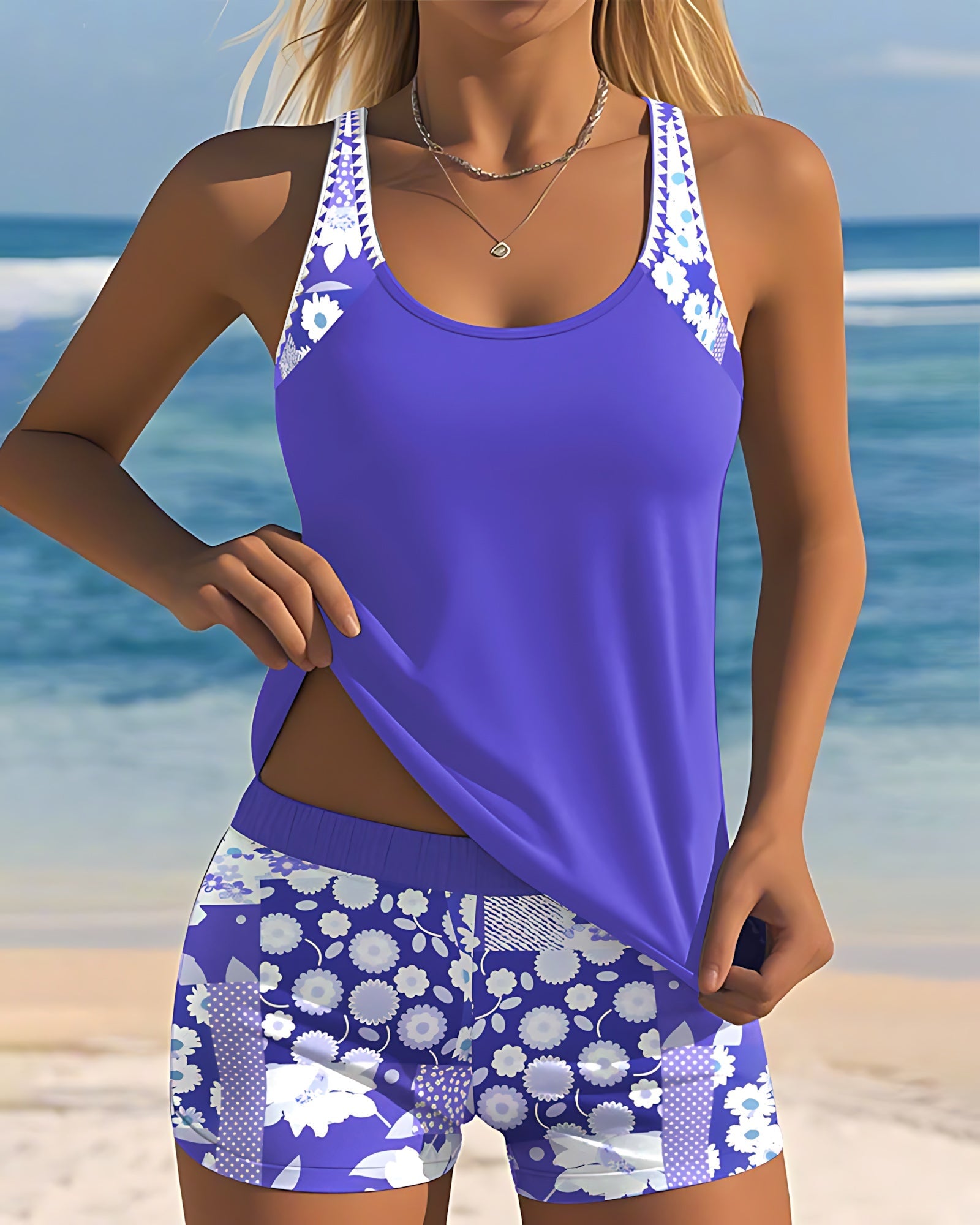 Eliza – Scoop Neck Tankini and Floral Swim Shorts Set
