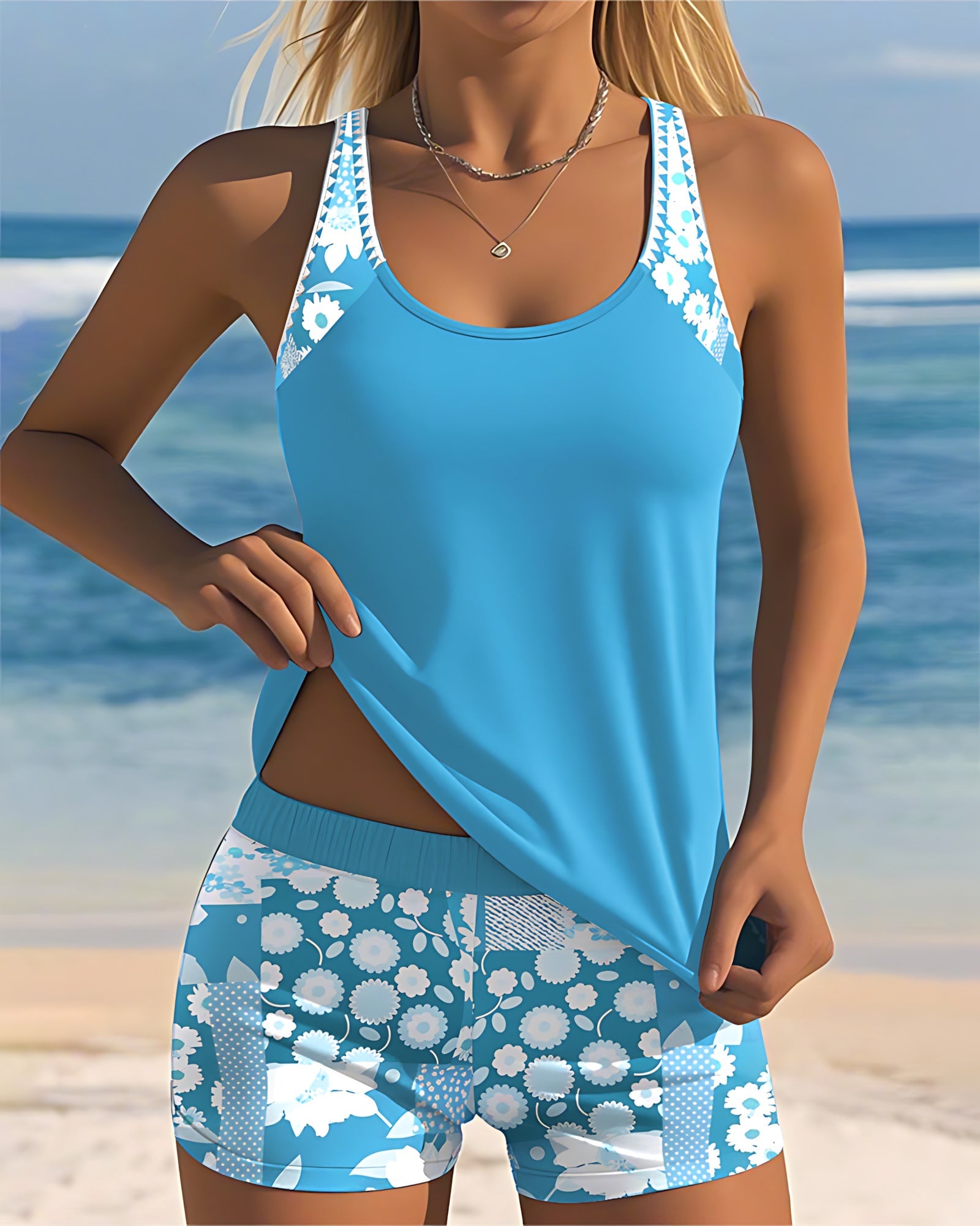 Eliza – Scoop Neck Tankini and Floral Swim Shorts Set