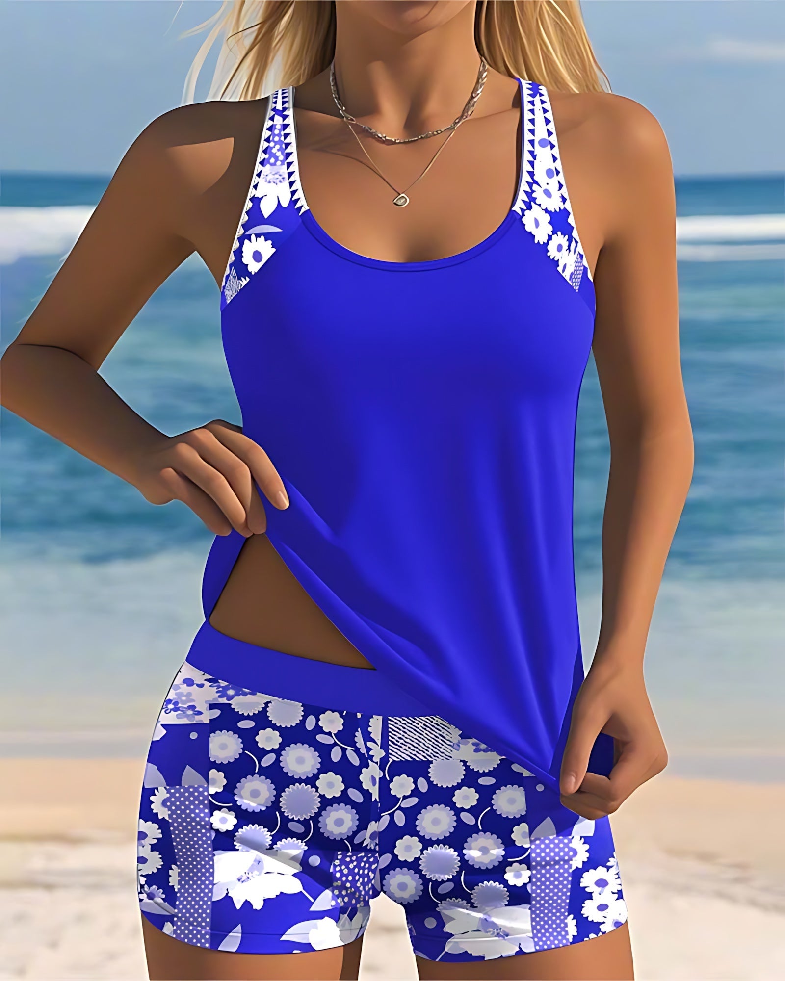 Eliza – Scoop Neck Tankini and Floral Swim Shorts Set