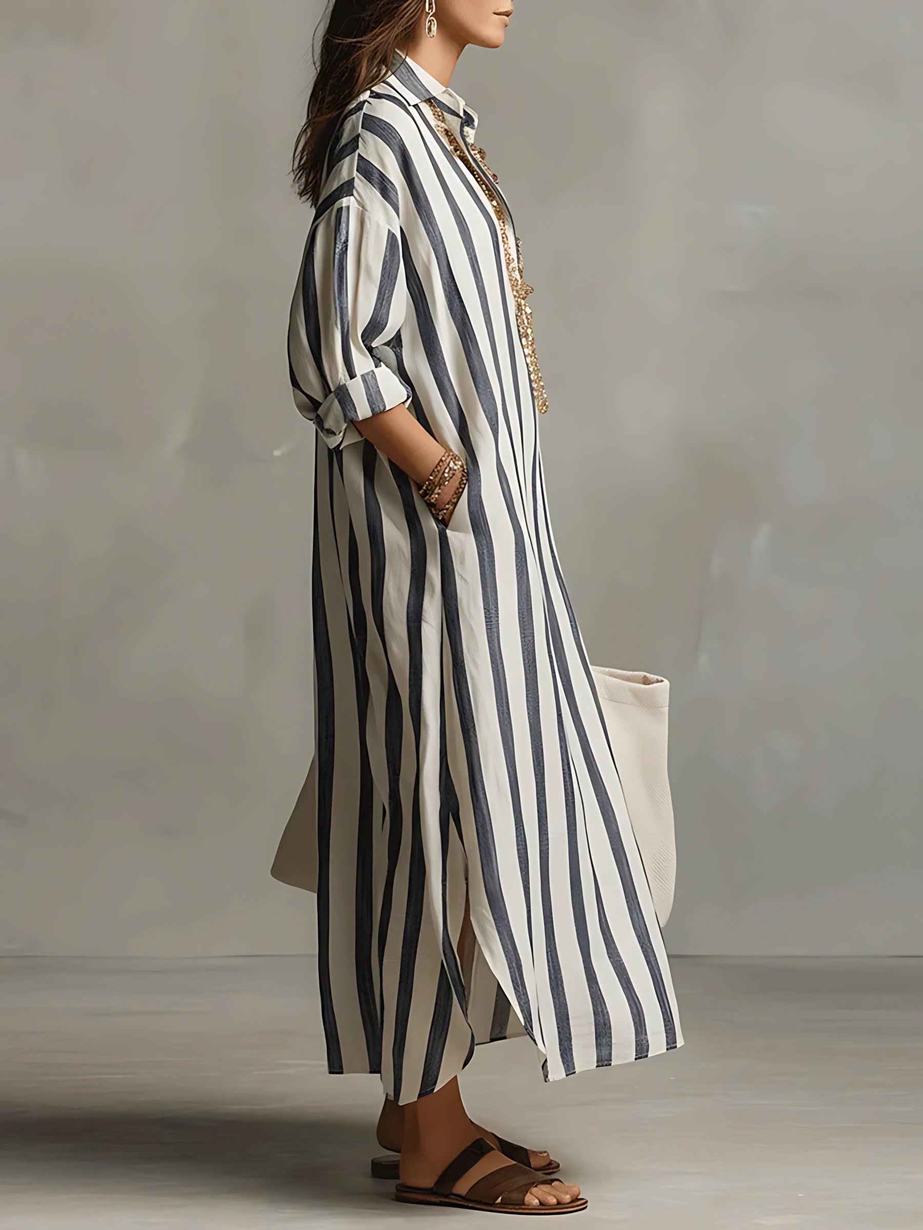 Elizabeth – Striped Long Sleeve Midi Shirt Dress
