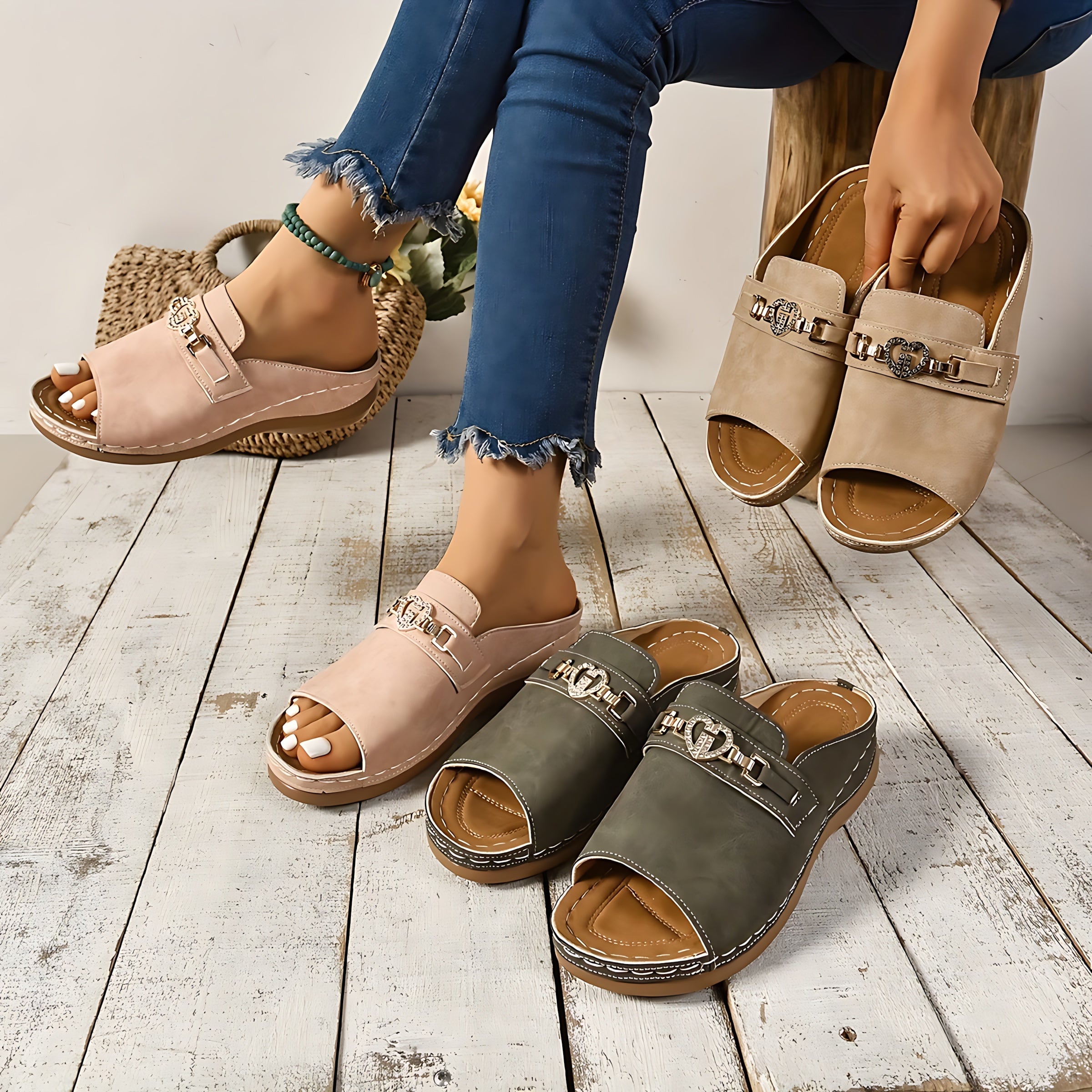 Elizabeth – Suede Chain Low Wedge Slide Sandals