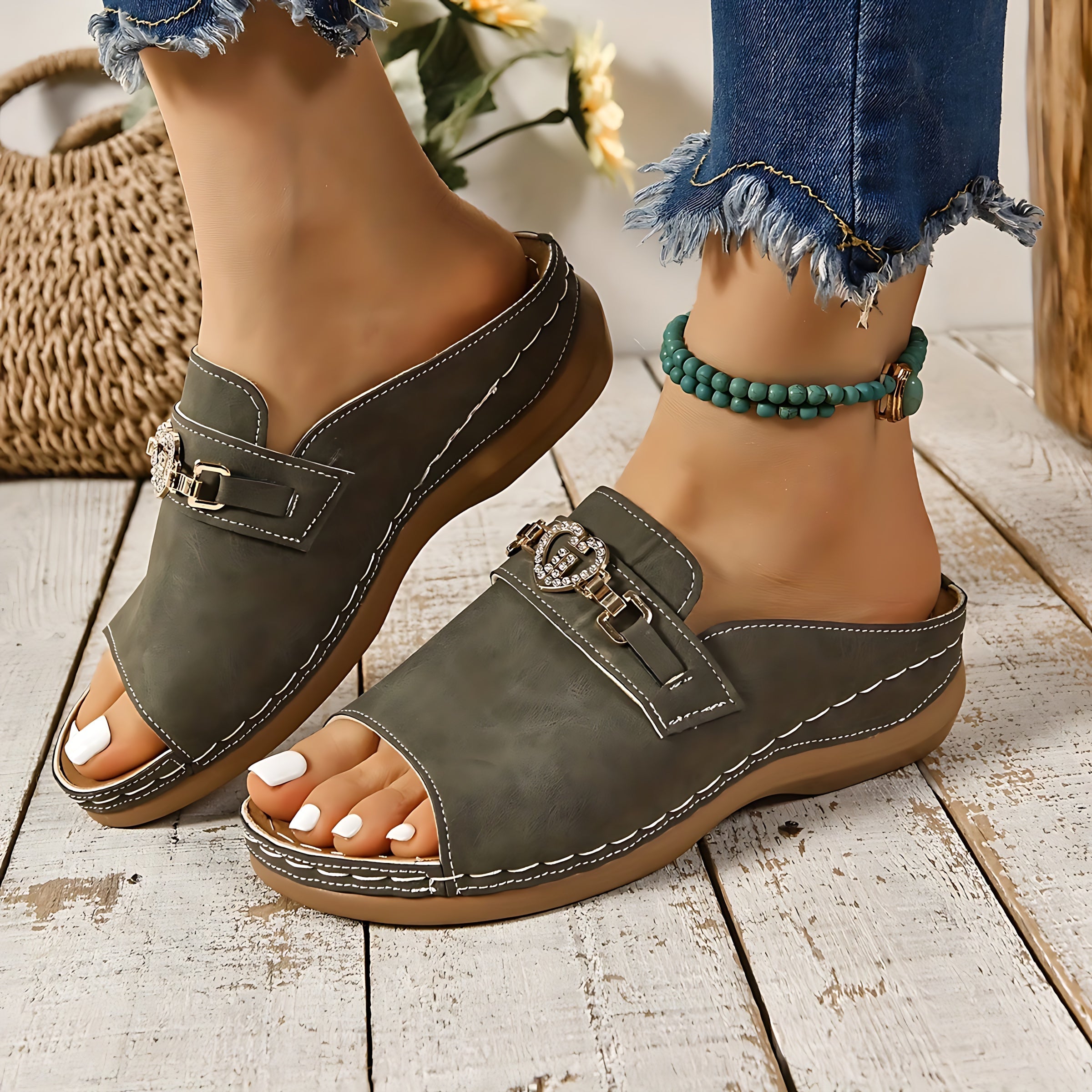 Elizabeth – Suede Chain Low Wedge Slide Sandals