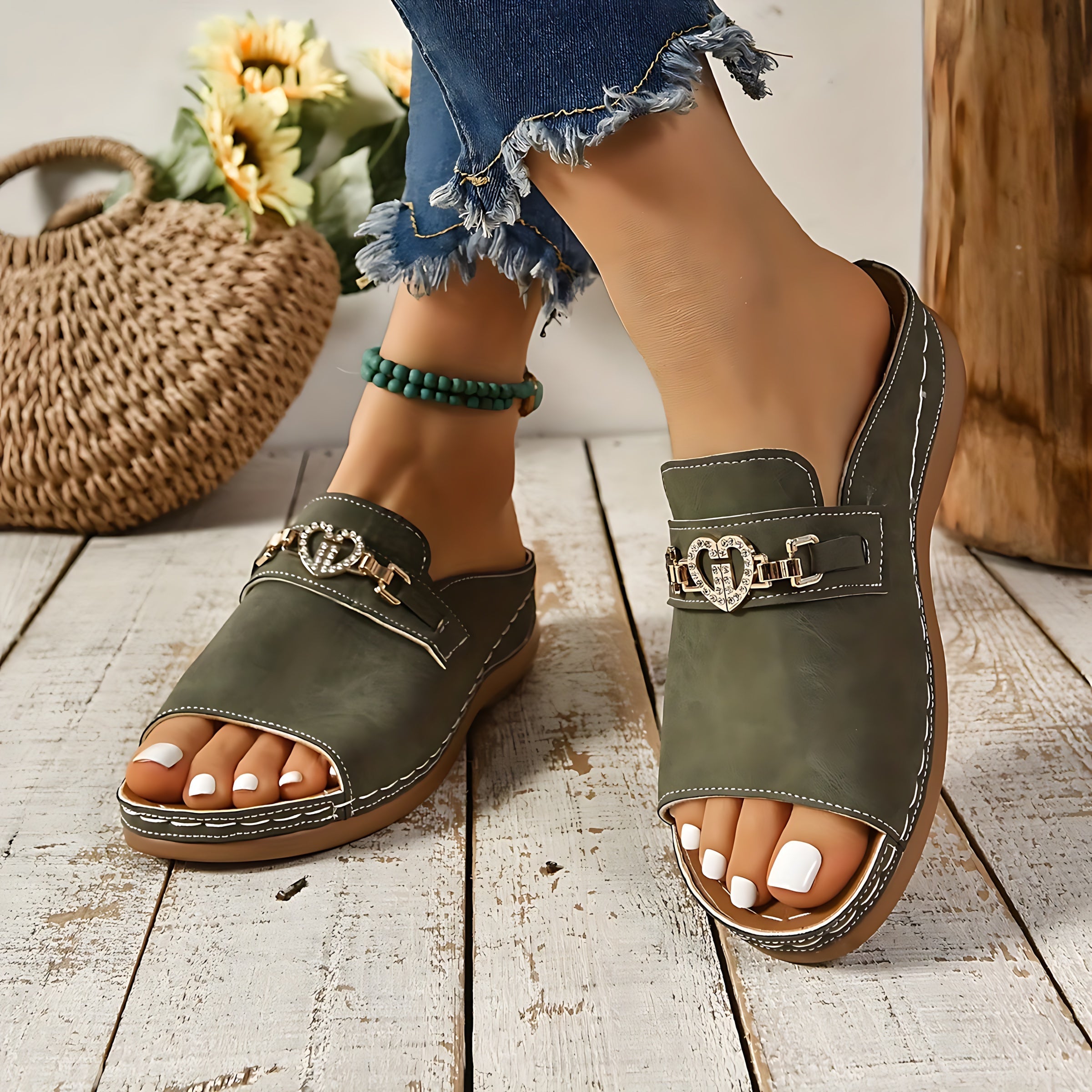 Elizabeth – Suede Chain Low Wedge Slide Sandals