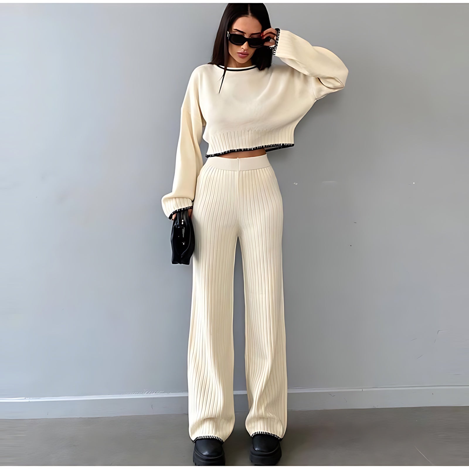 Ella – Ribbed Knit Top and Flare Pants Set