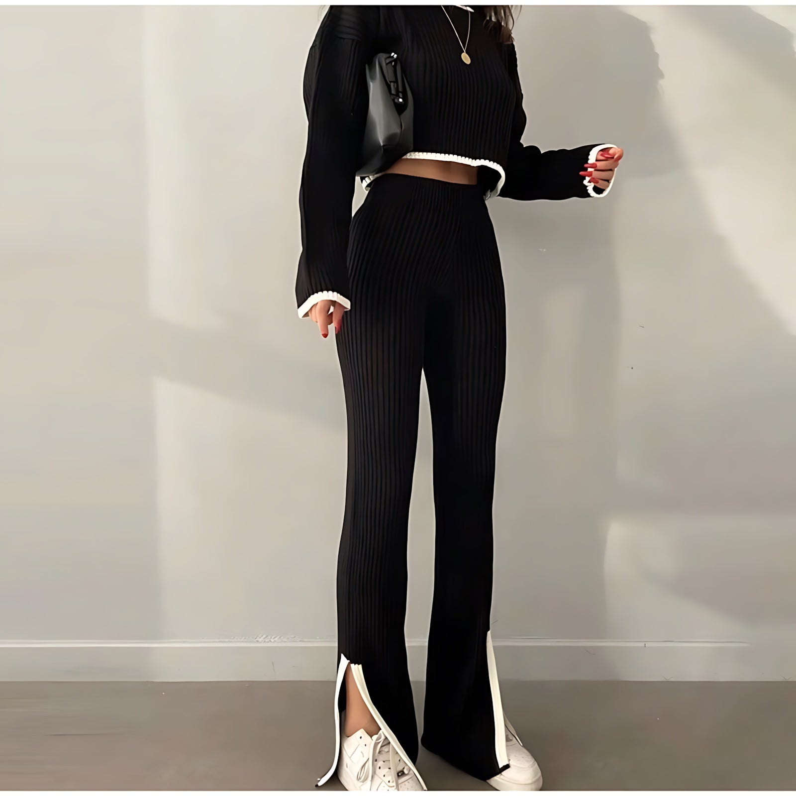 Ella – Ribbed Knit Top and Flare Pants Set