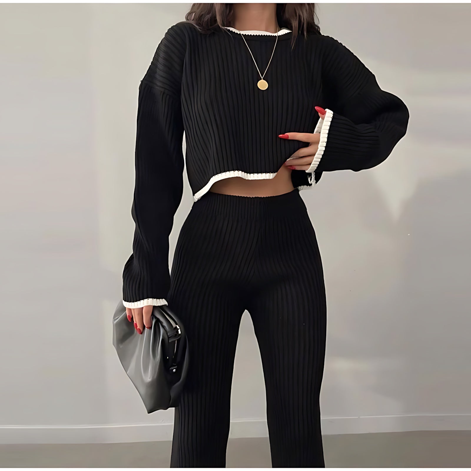 Ella – Ribbed Knit Top and Flare Pants Set
