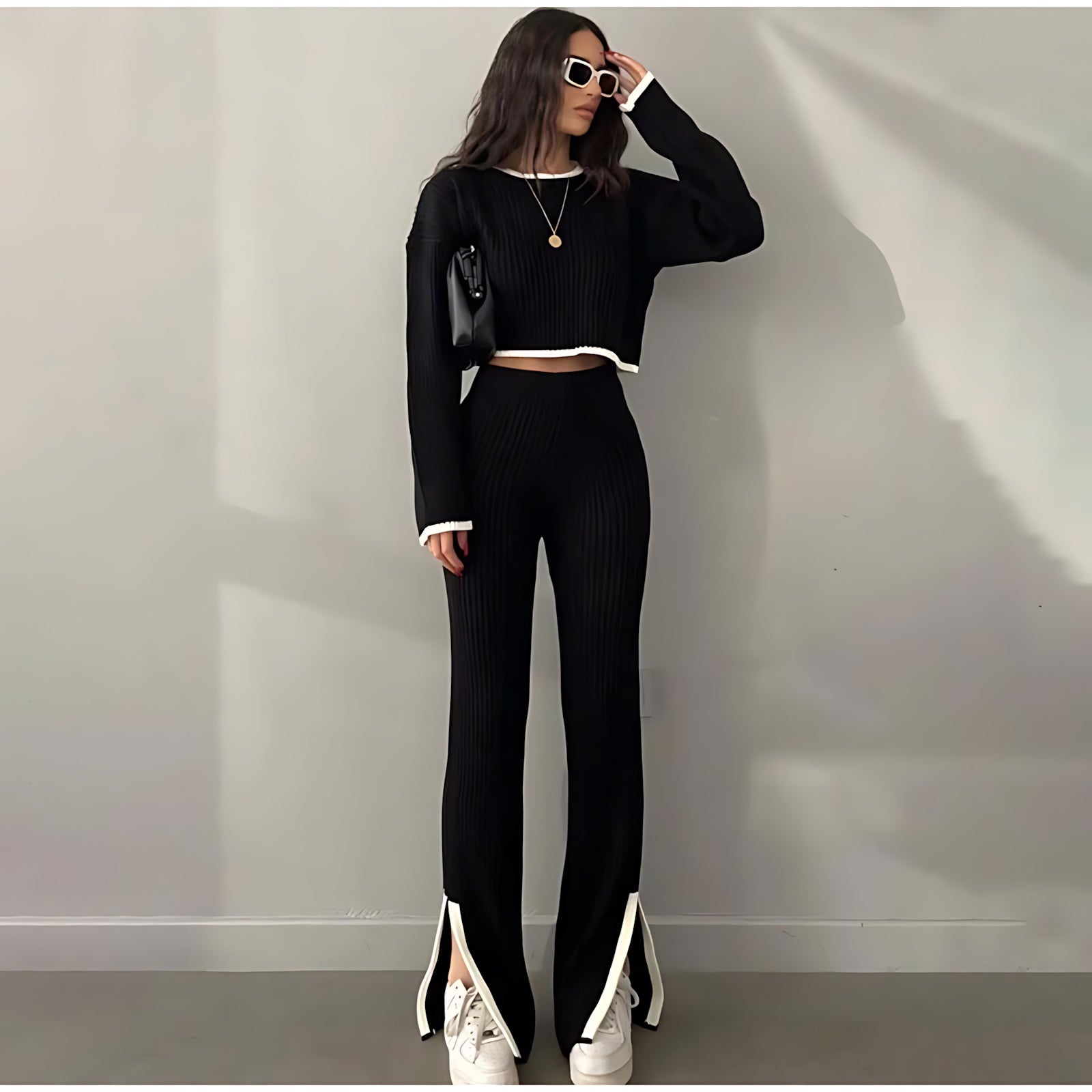 Ella – Ribbed Knit Top and Flare Pants Set