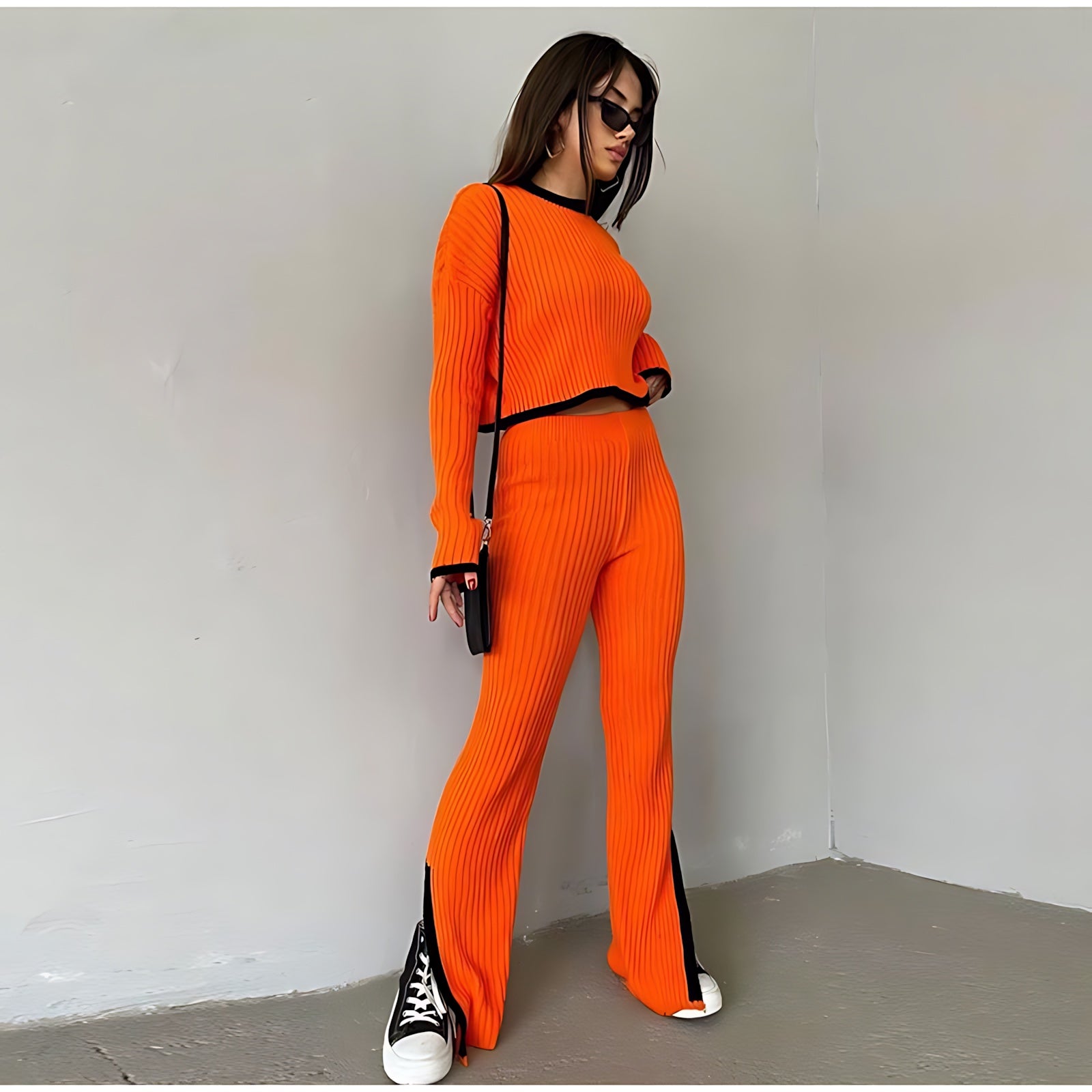 Ella – Ribbed Knit Top and Flare Pants Set