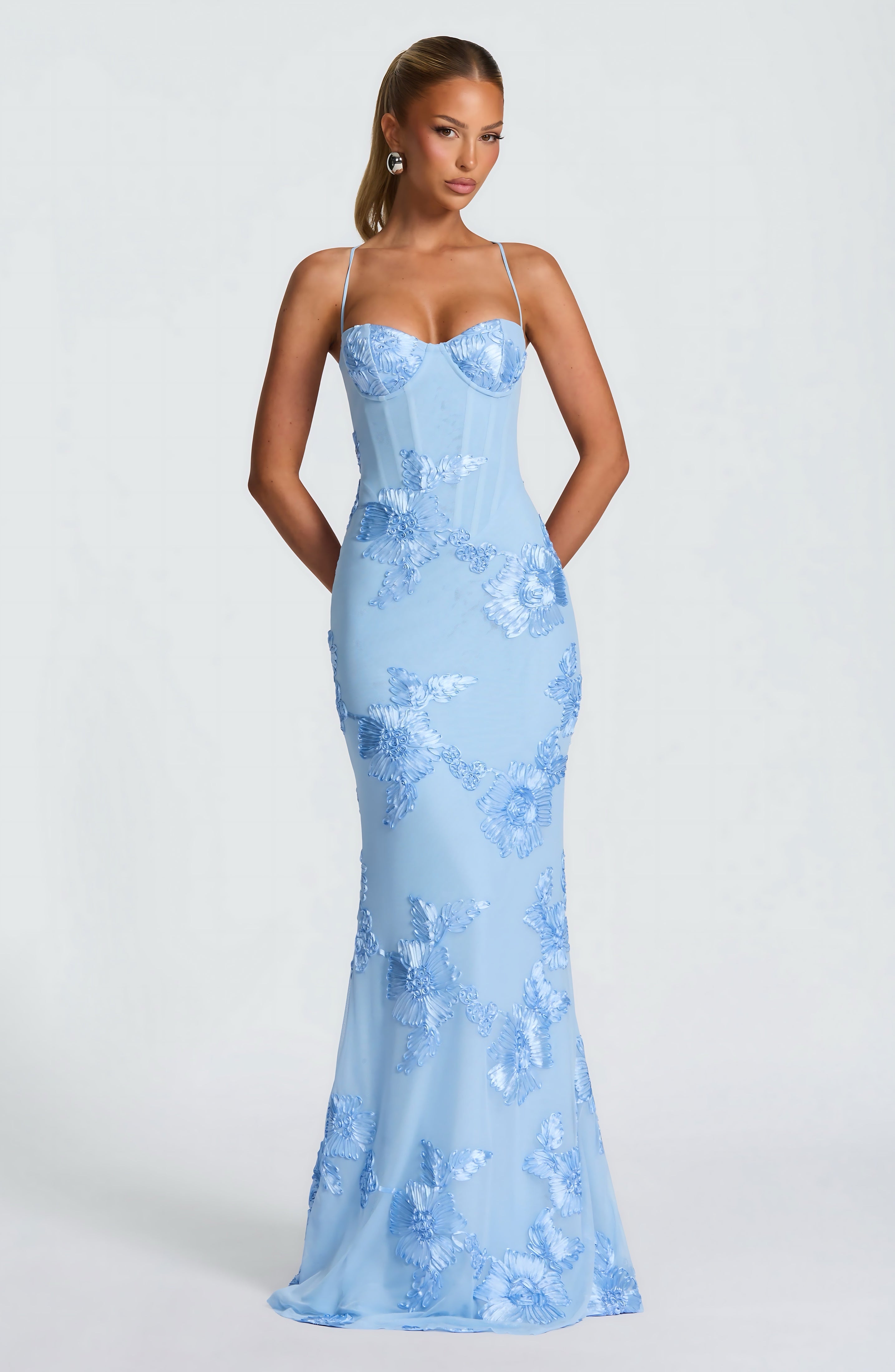 Elliana – Floral Embroidered Corset Wedding Guest Maxi Dress
