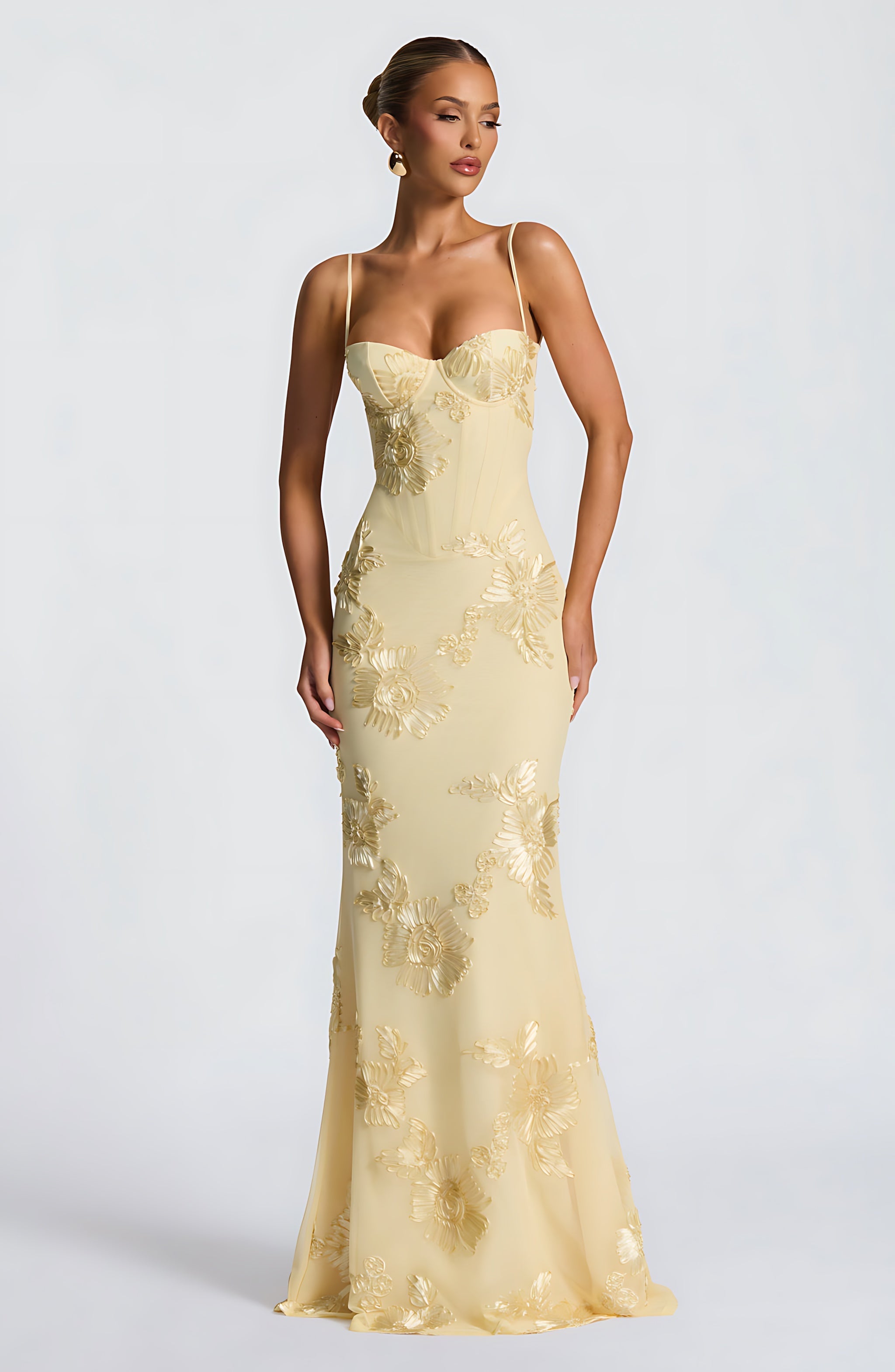 Elliana – Floral Embroidered Corset Wedding Guest Maxi Dress