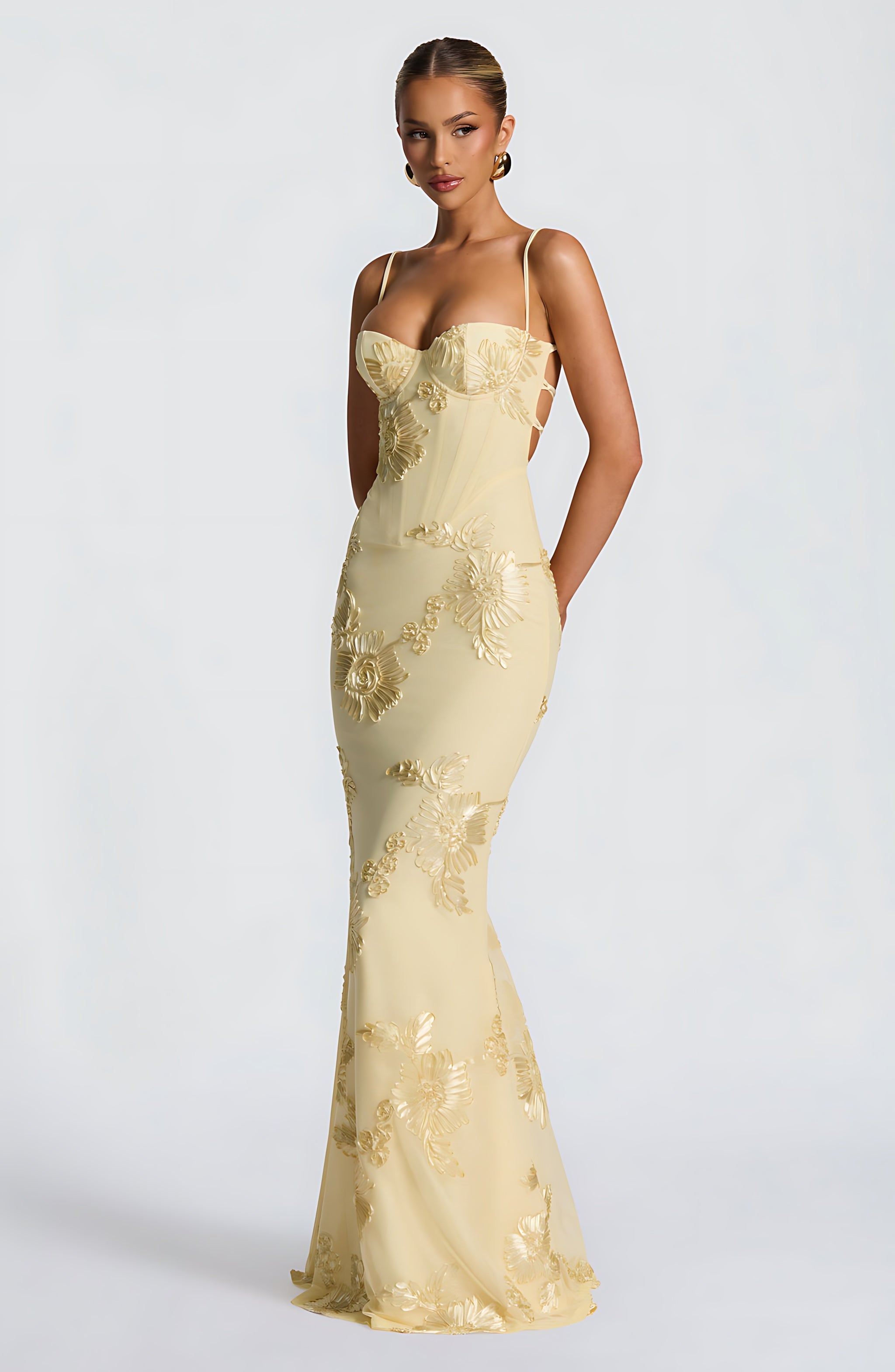 Elliana – Floral Embroidered Corset Wedding Guest Maxi Dress