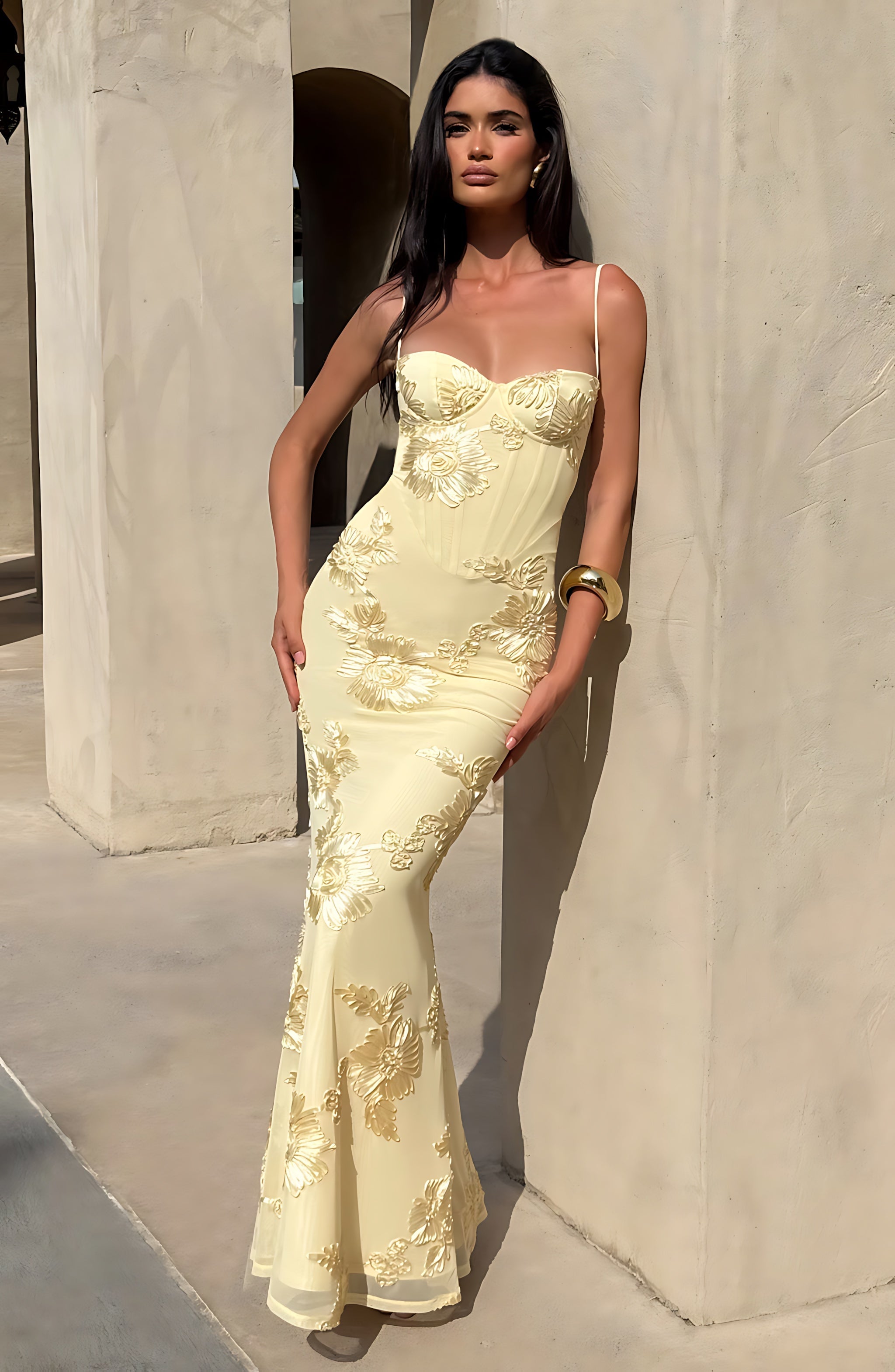 Elliana – Floral Embroidered Corset Wedding Guest Maxi Dress