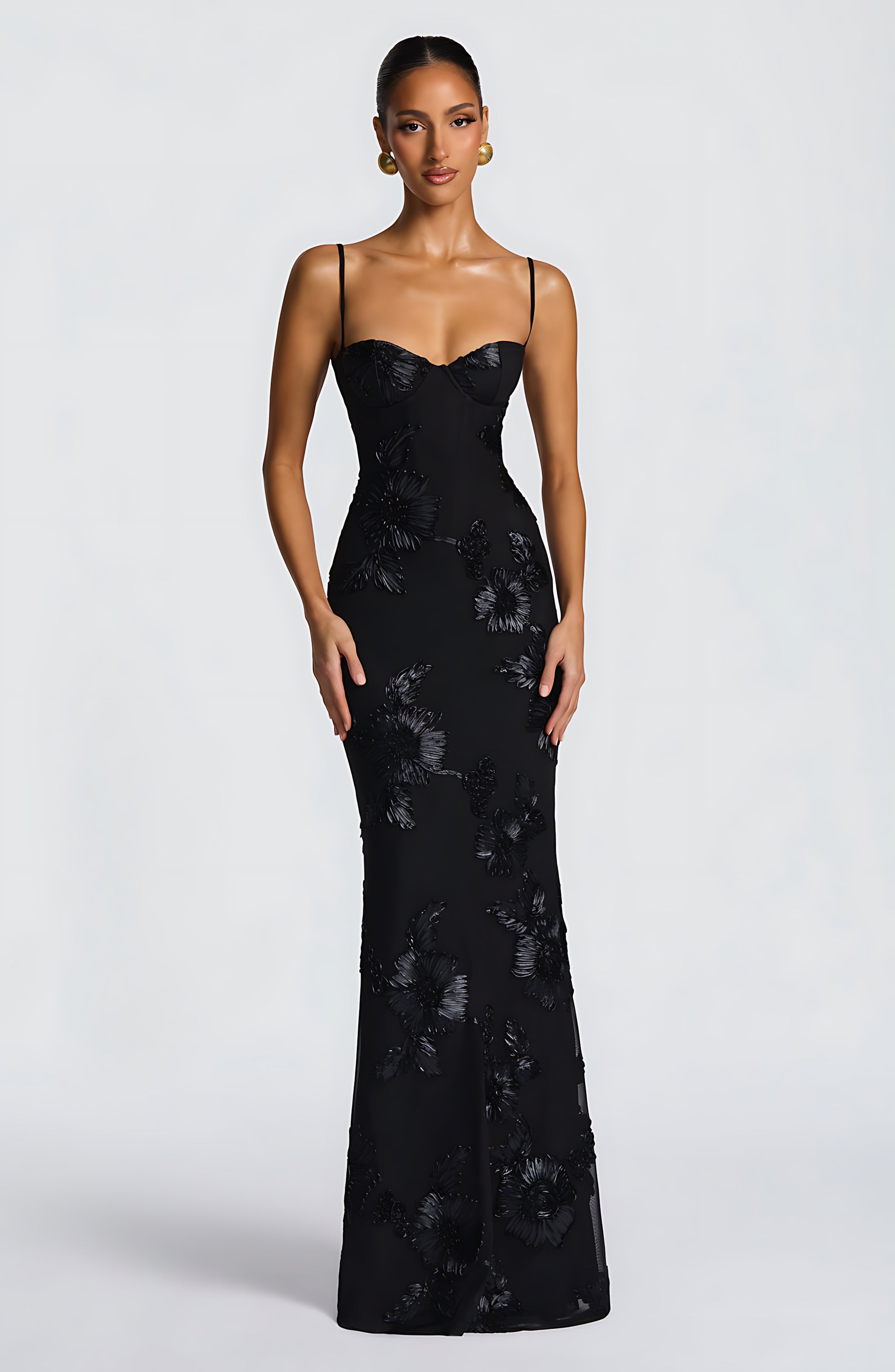 Elliana – Floral Embroidered Corset Wedding Guest Maxi Dress