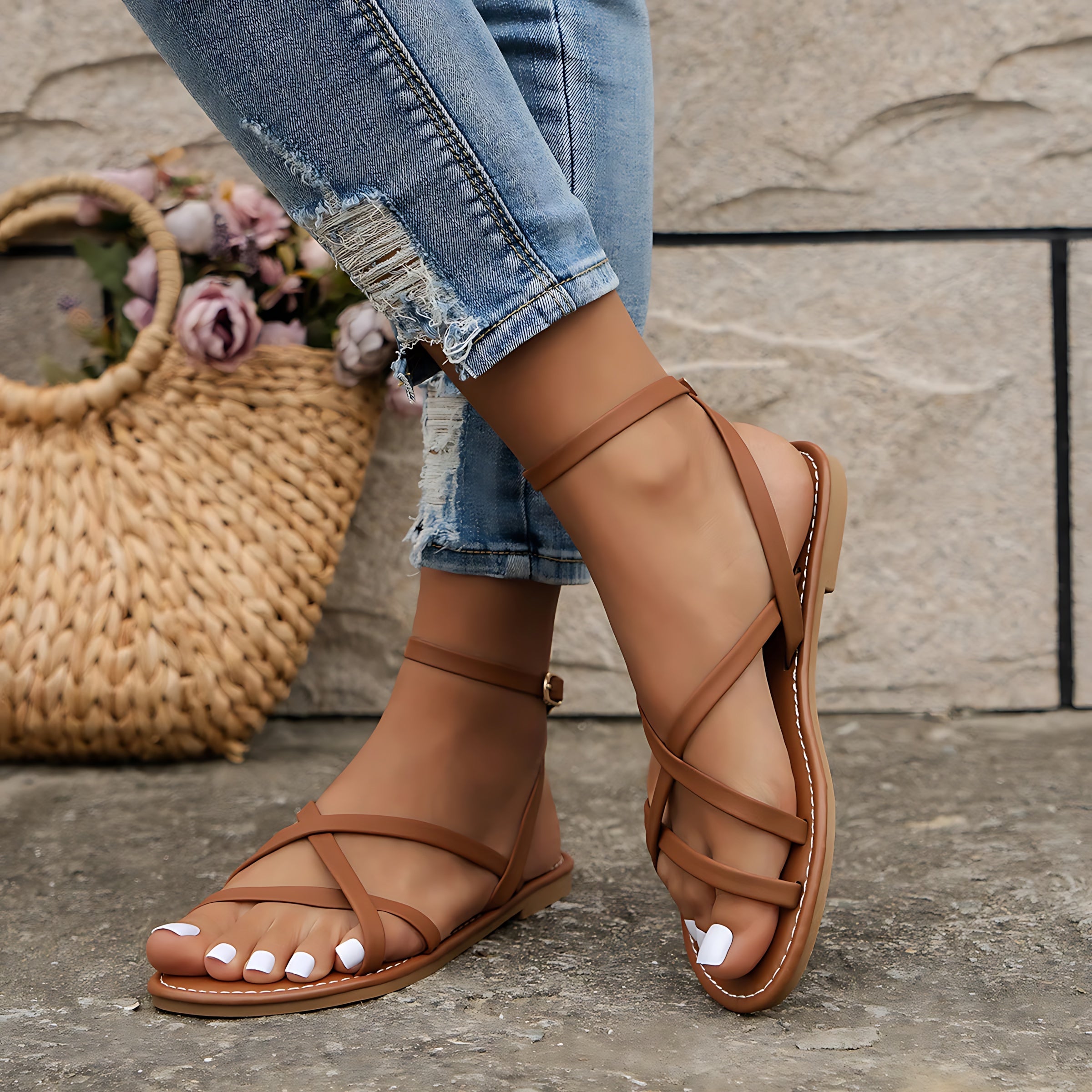 Elliana – Toe Loop Ankle Strap Flat Sandals
