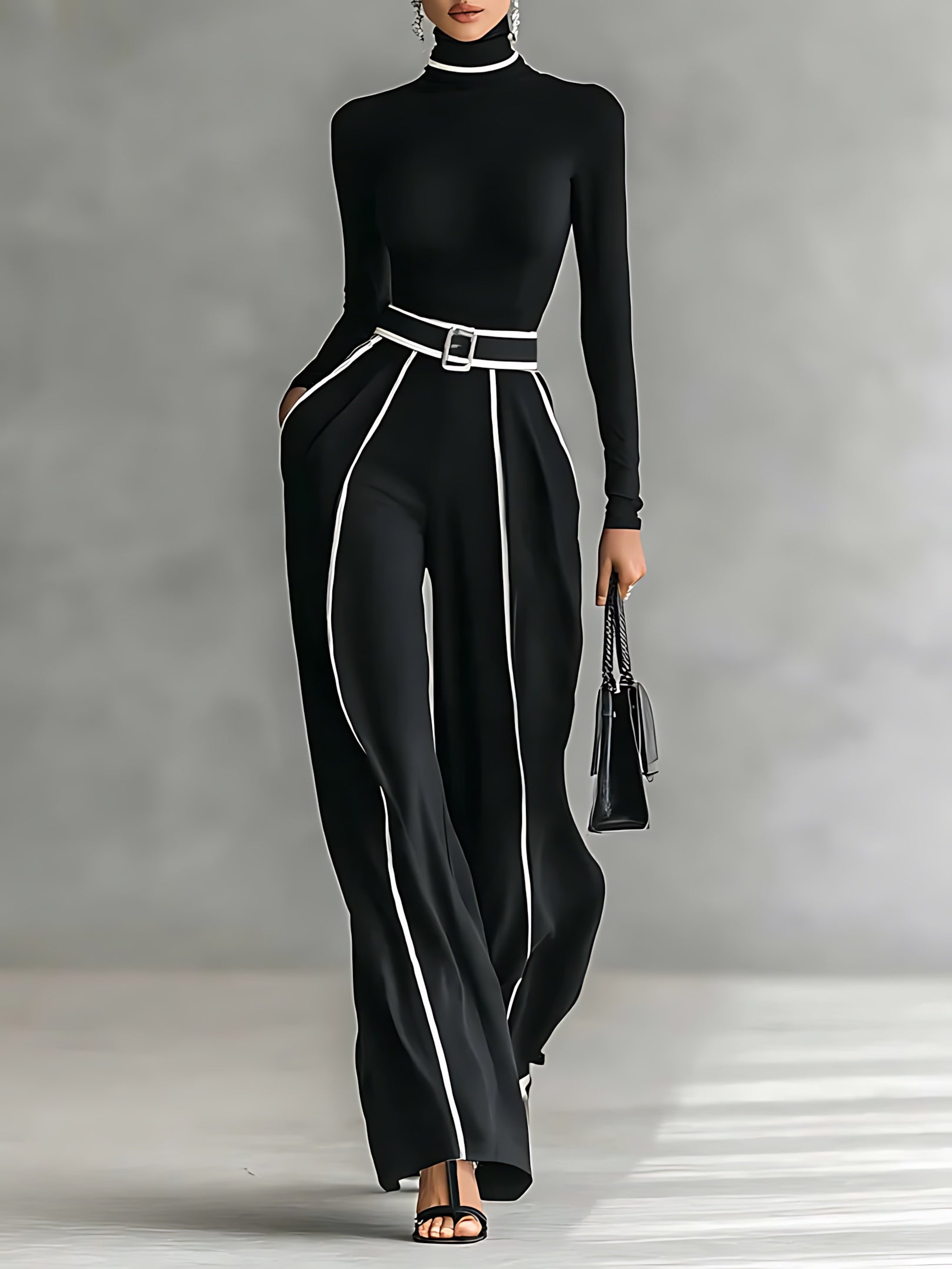 Ellie – High Neck Top and Contrast Stitch Wide Leg Pants Set