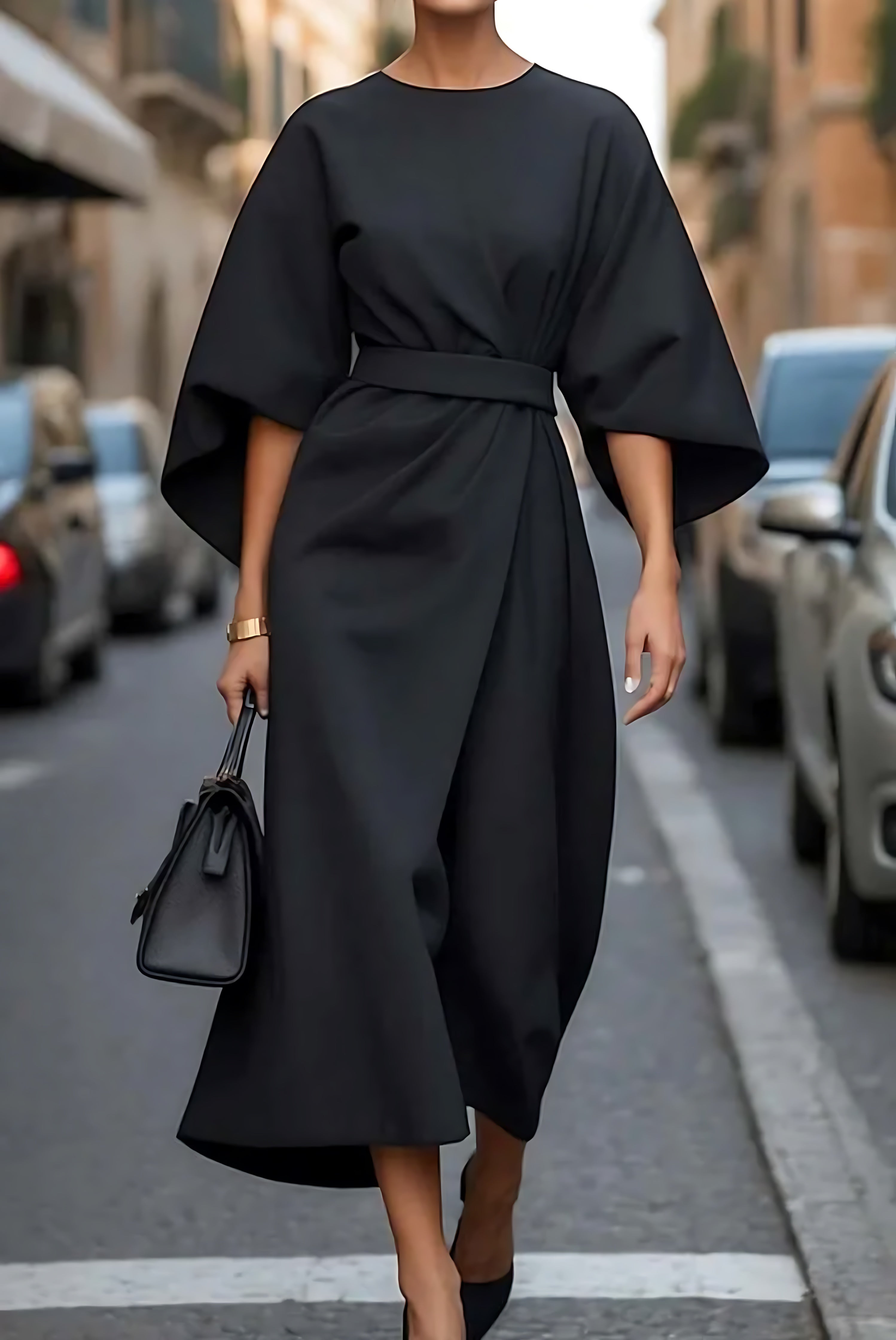 Ellie – Lantern Sleeve Crew Neck Midi Dress