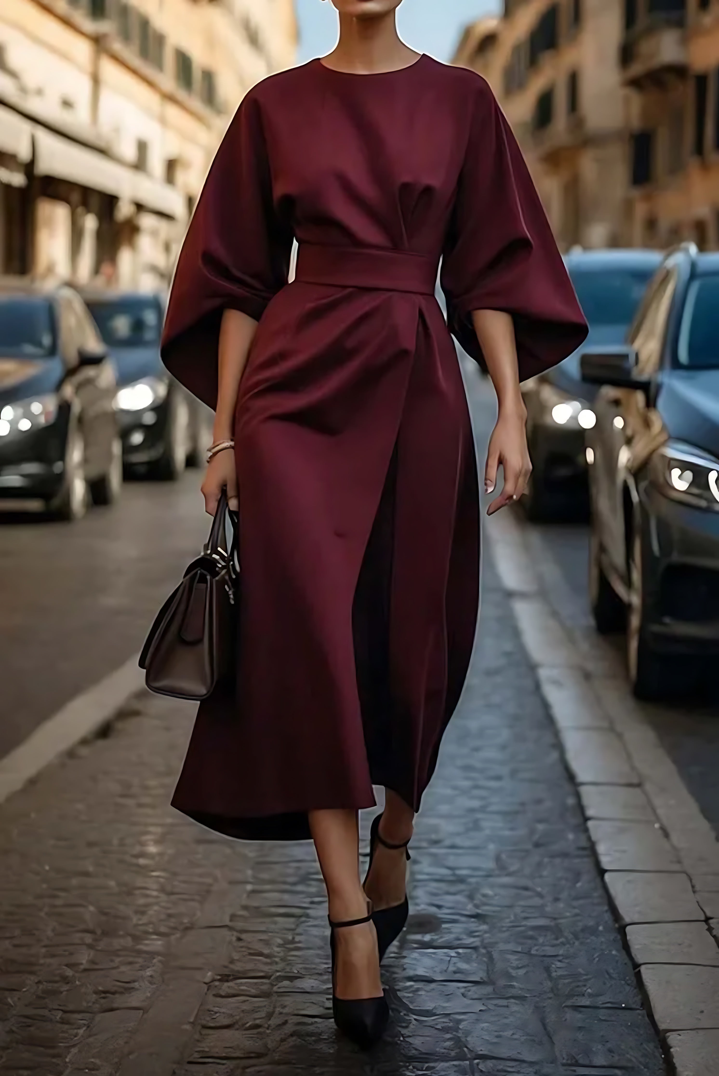 Ellie – Lantern Sleeve Crew Neck Midi Dress