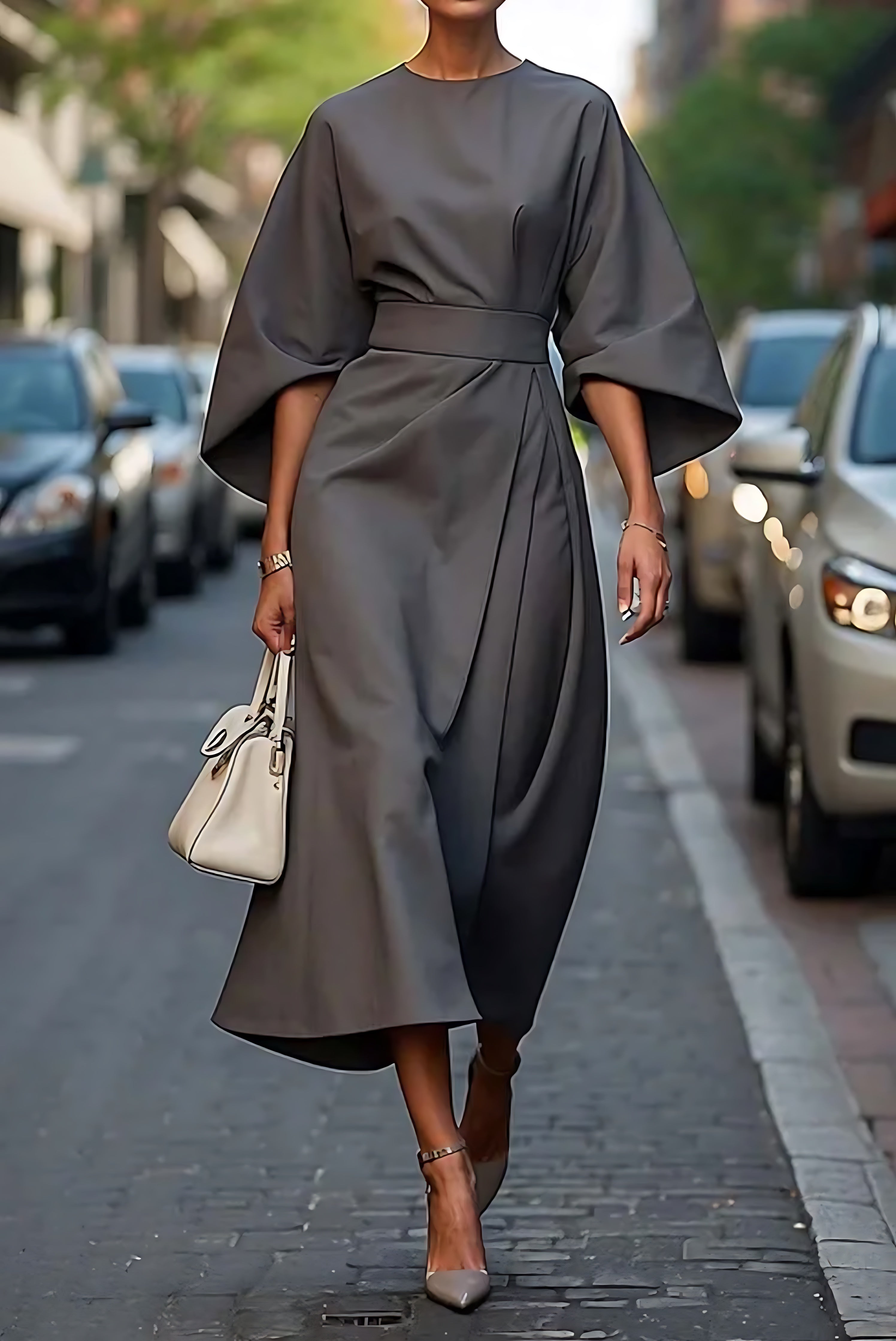 Ellie – Lantern Sleeve Crew Neck Midi Dress