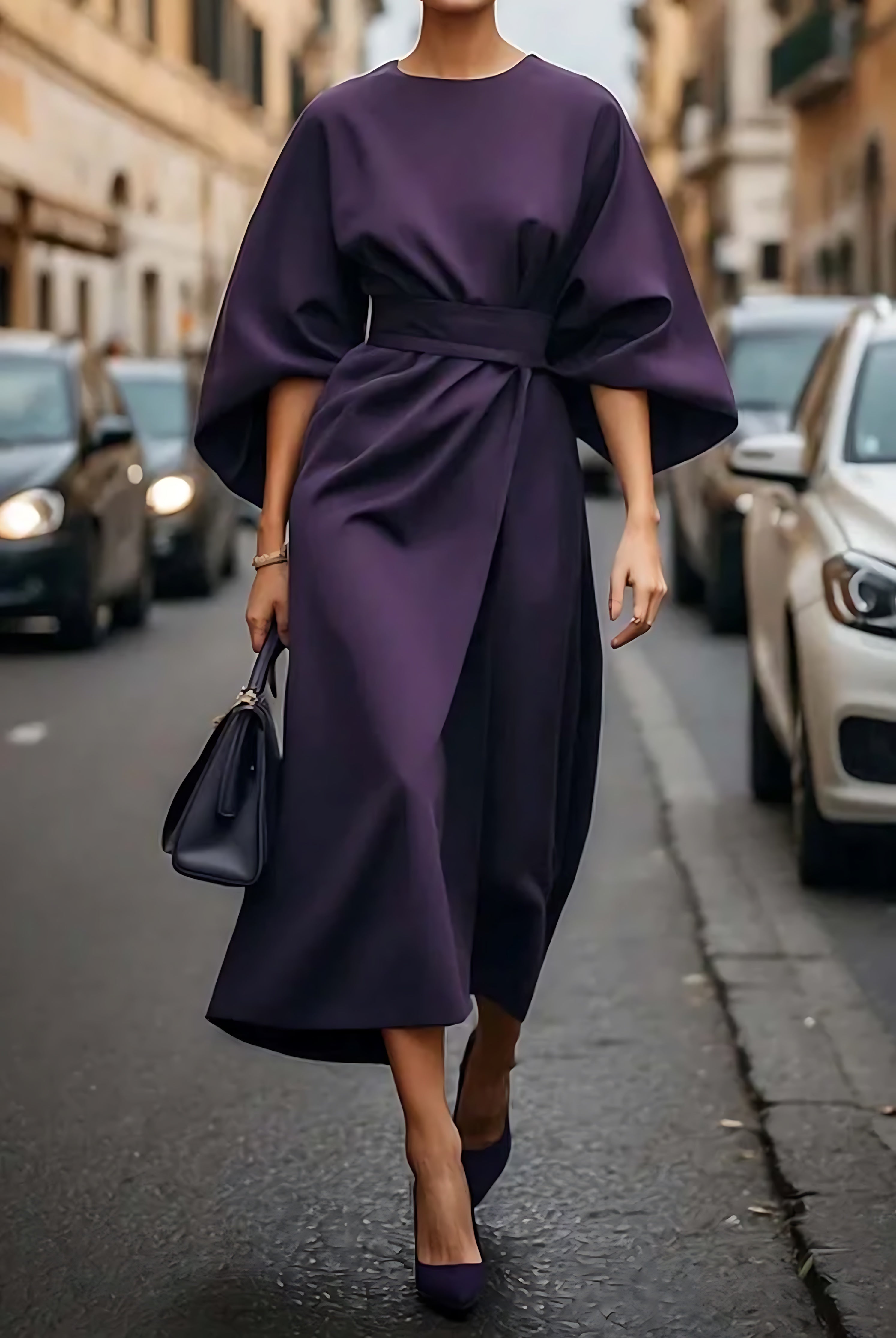 Ellie – Lantern Sleeve Crew Neck Midi Dress