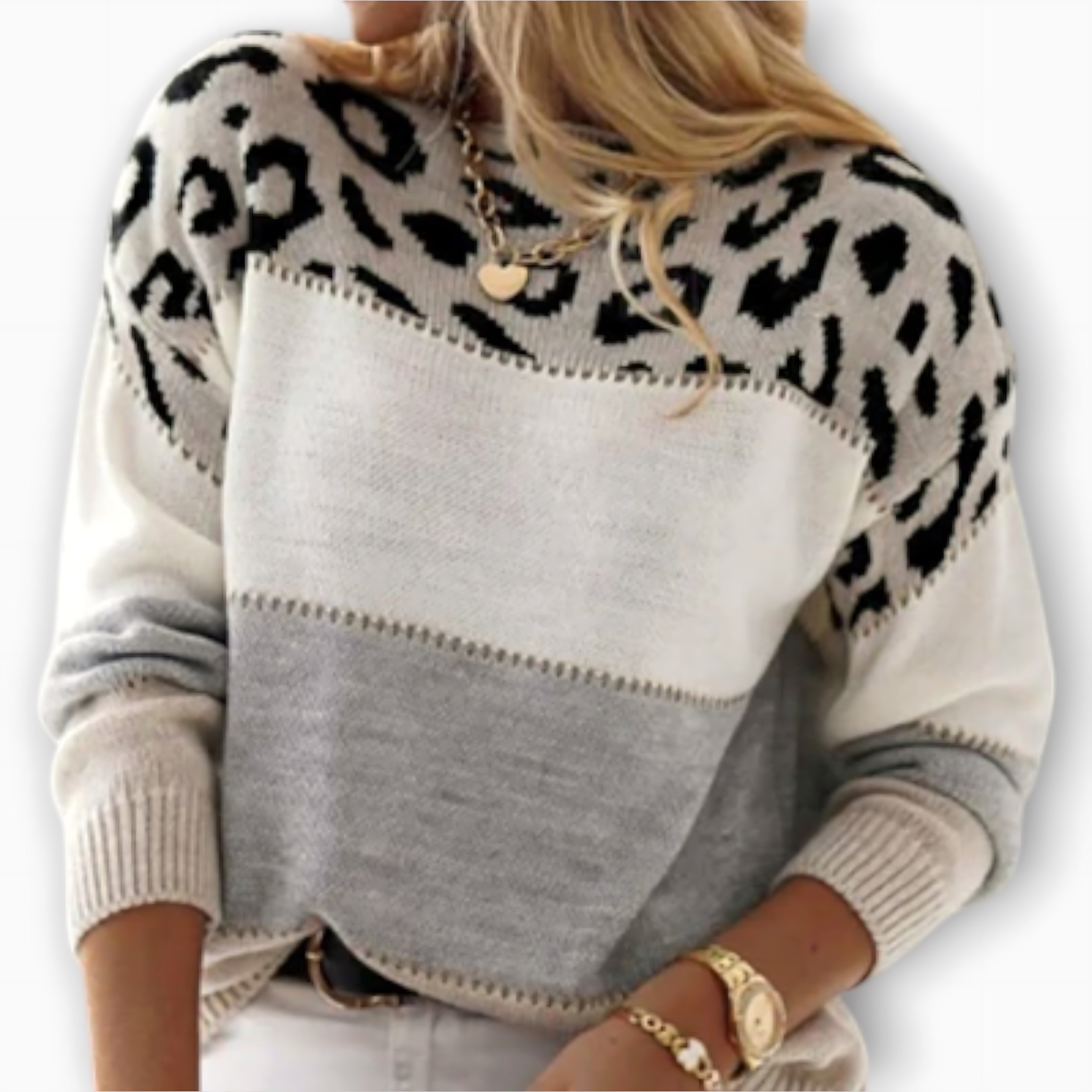 Ellie – Leopard Print Color Block Knit Sweater