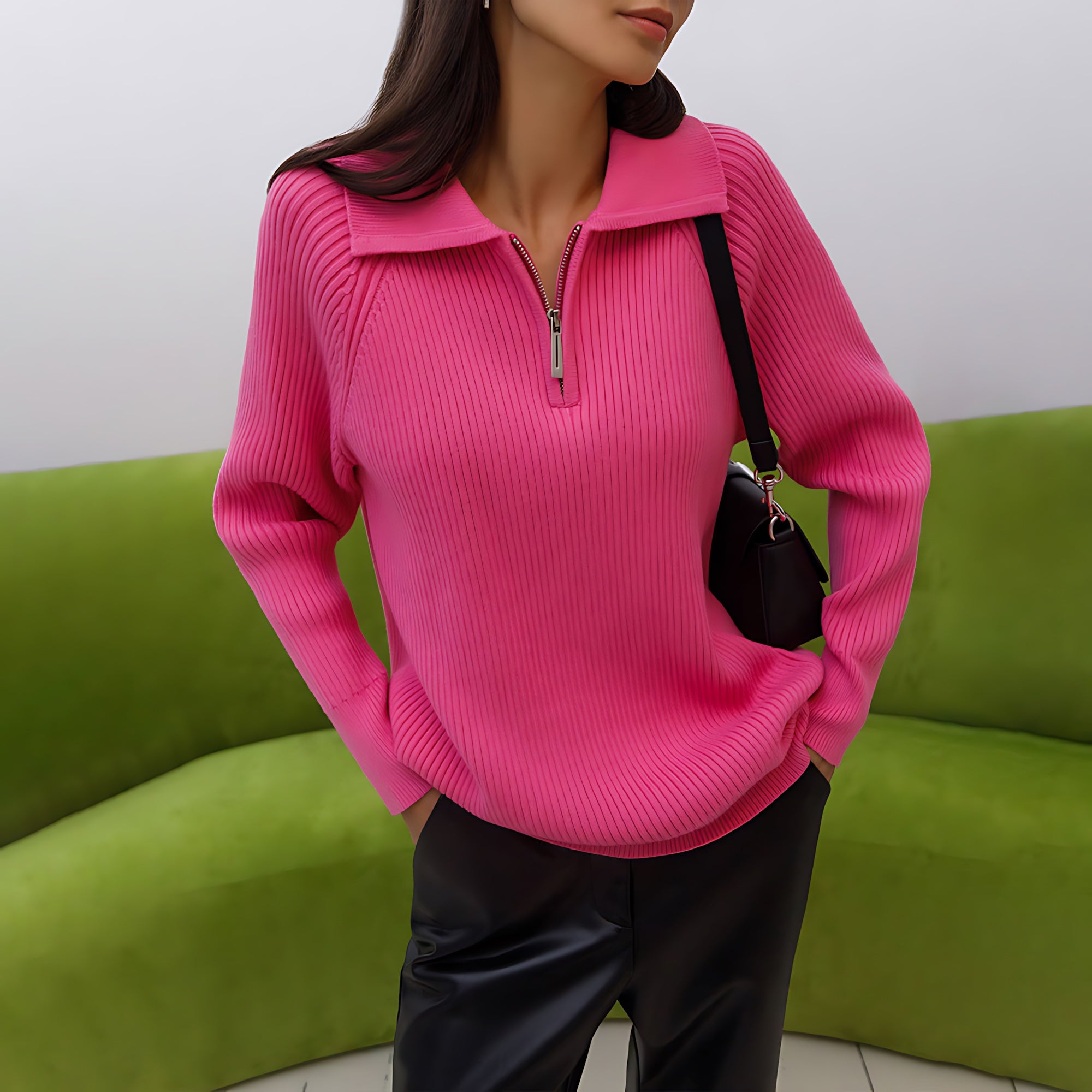 Eloise – Ribbed Half Zip Collared Sweater