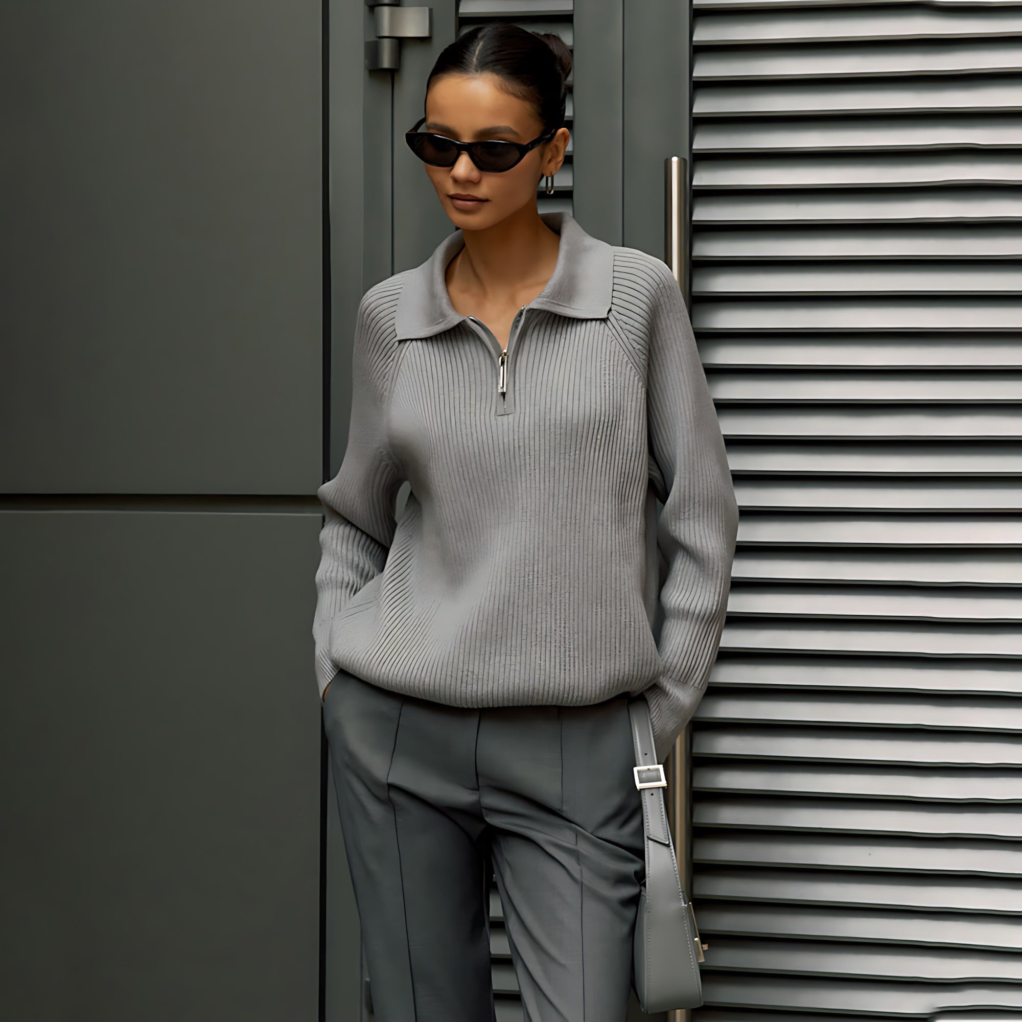 Eloise – Ribbed Half Zip Collared Sweater