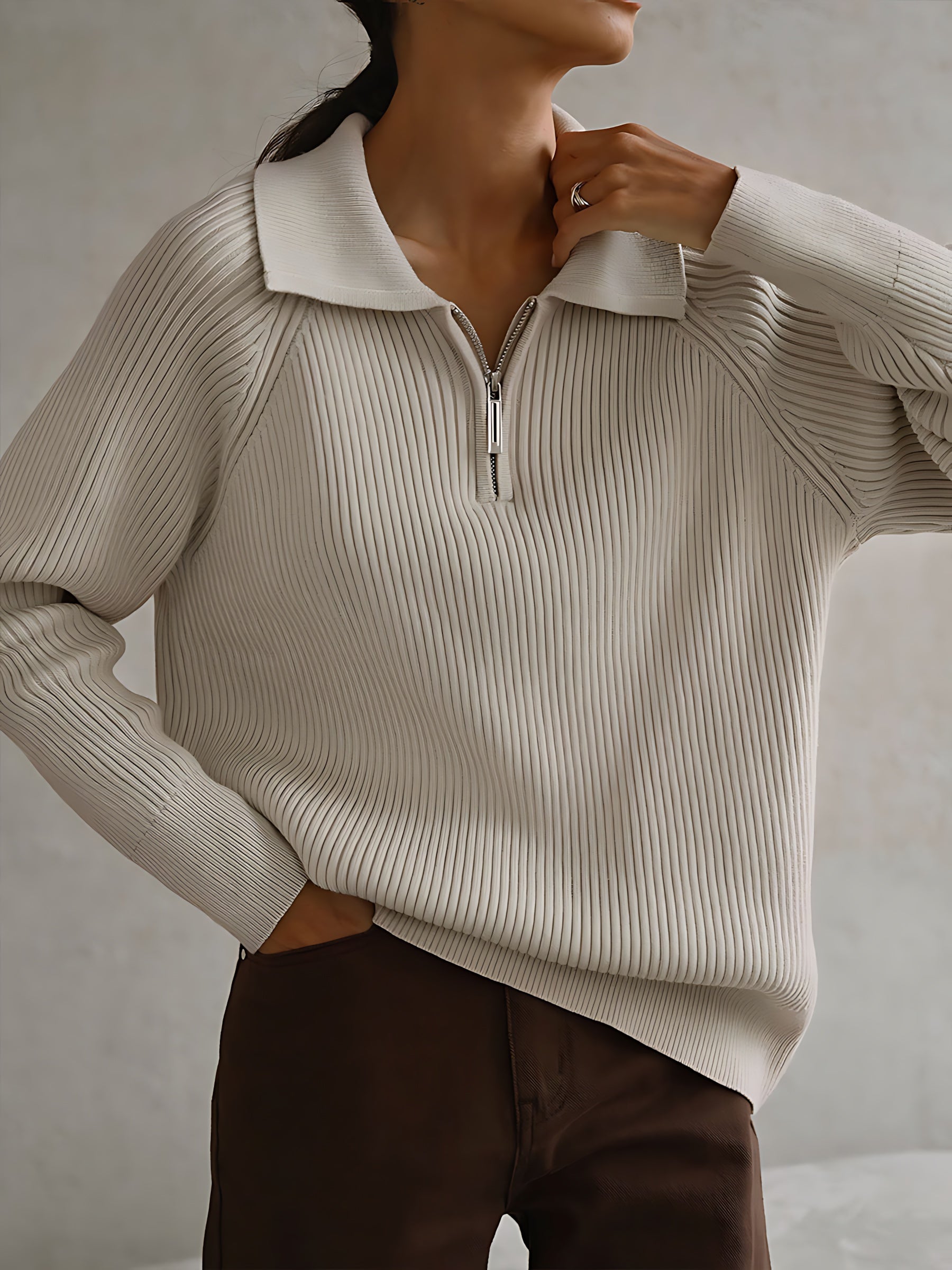 Eloise – Ribbed Half Zip Collared Sweater