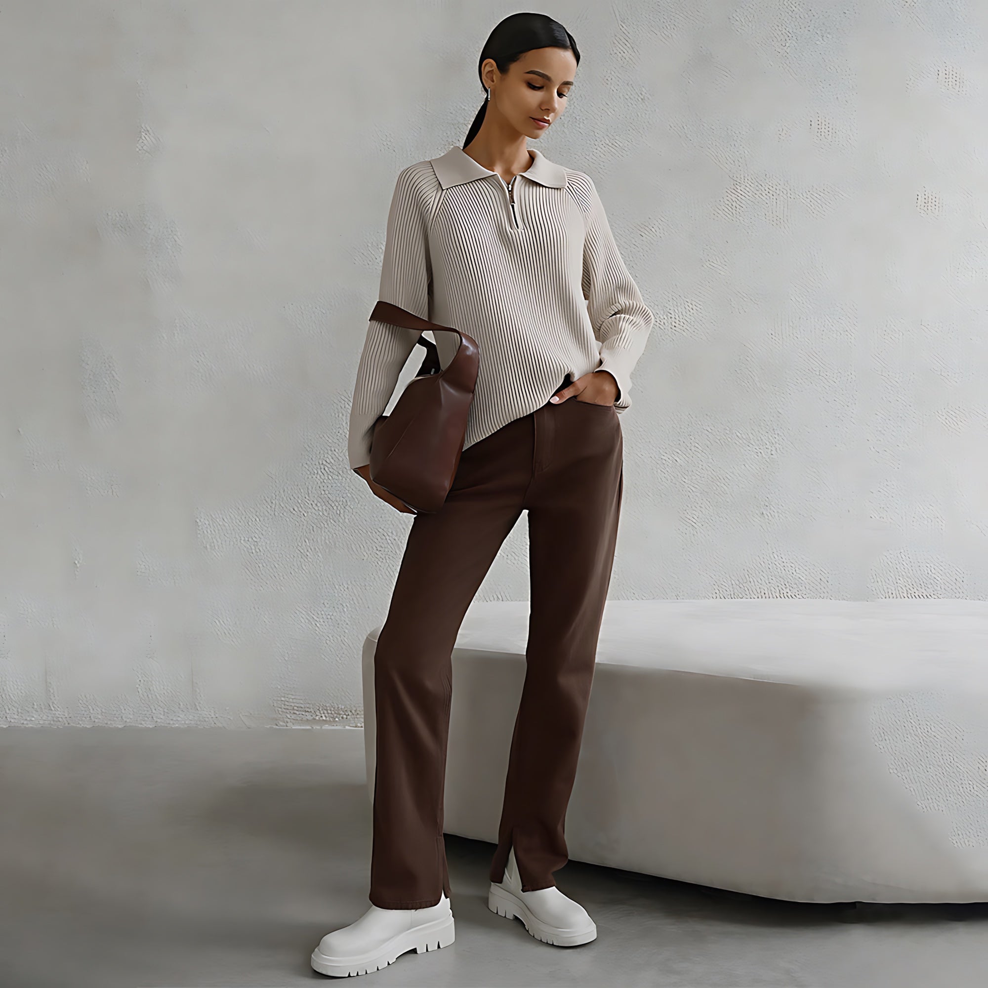Eloise – Ribbed Half Zip Collared Sweater