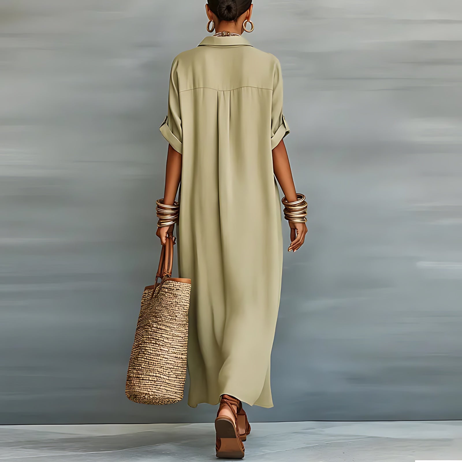 Emilia – Collared Roll Sleeve Maxi Shirt Dress