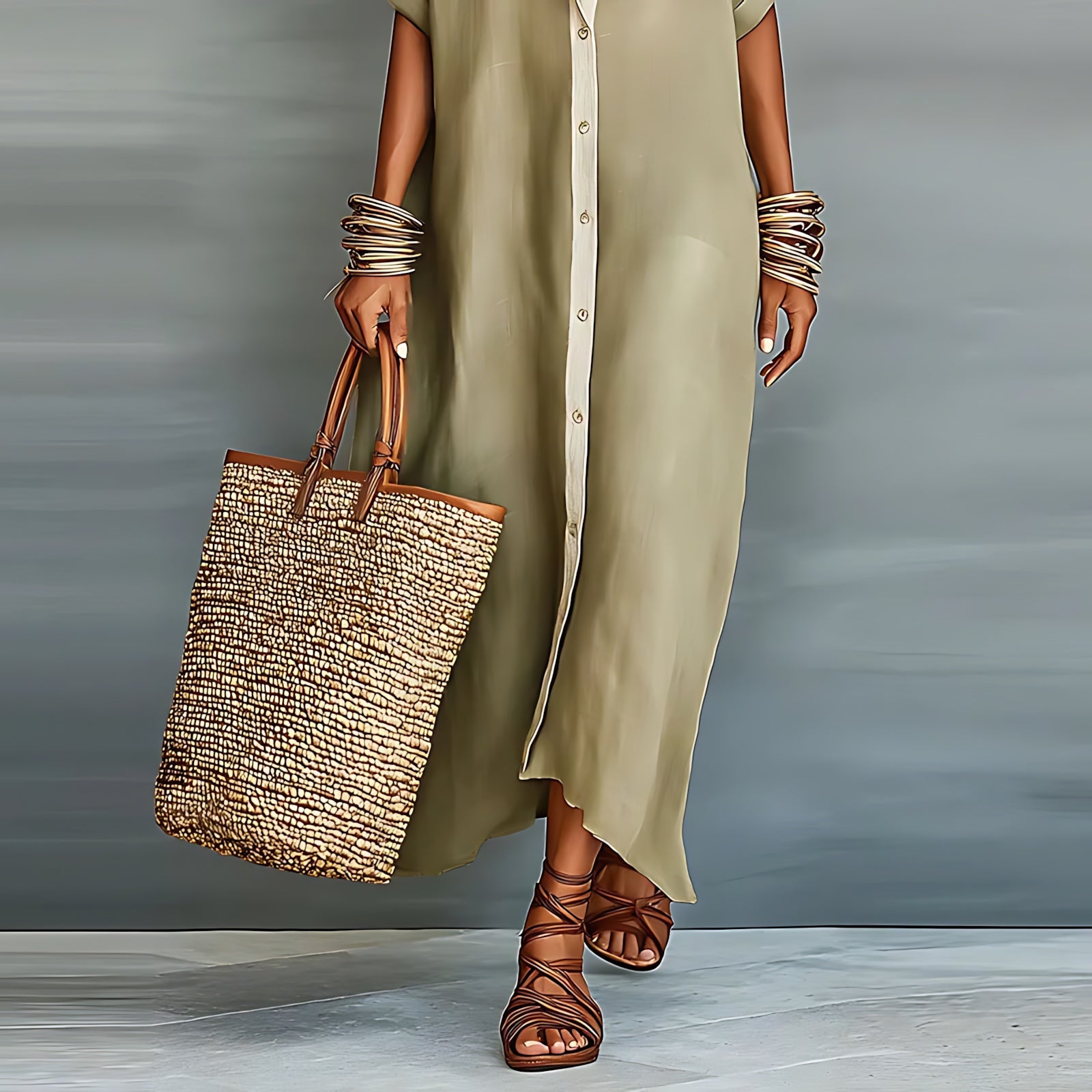 Emilia – Collared Roll Sleeve Maxi Shirt Dress