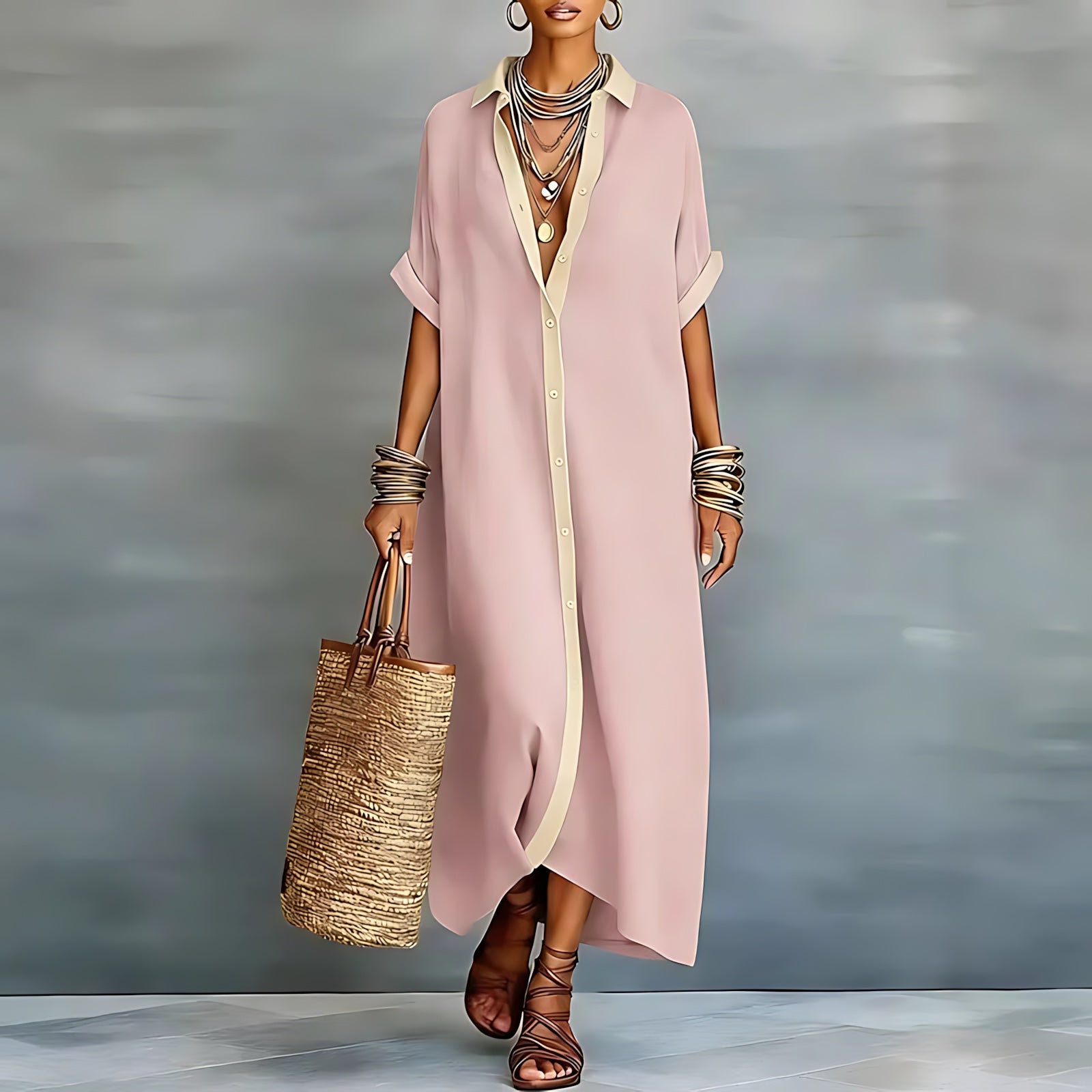 Emilia – Collared Roll Sleeve Maxi Shirt Dress
